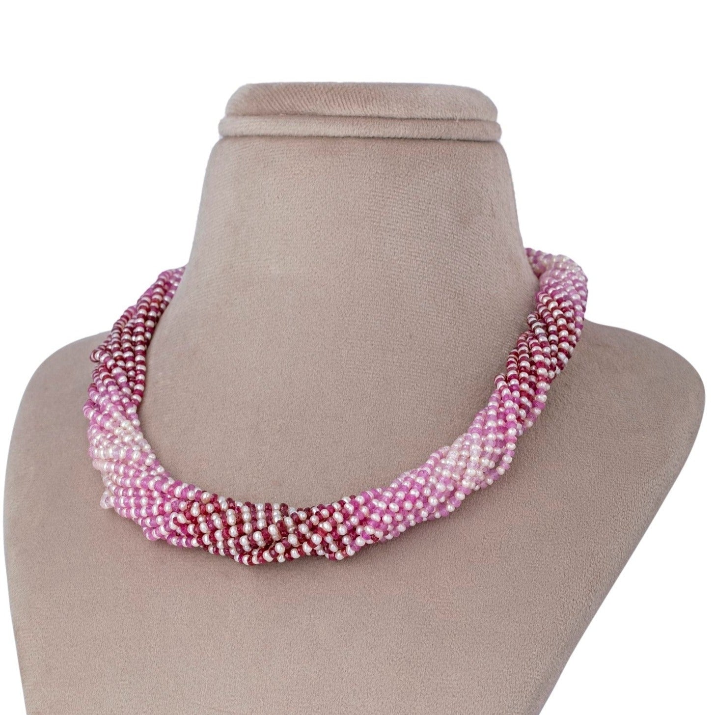 Pearl Oasis: Twisted Ruby Necklace with Small Pearls