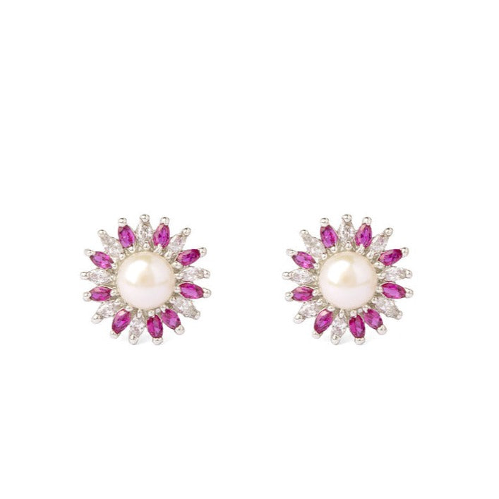 Freeform Floral Ruby Colour Statement Stud | Pearl Earrings 