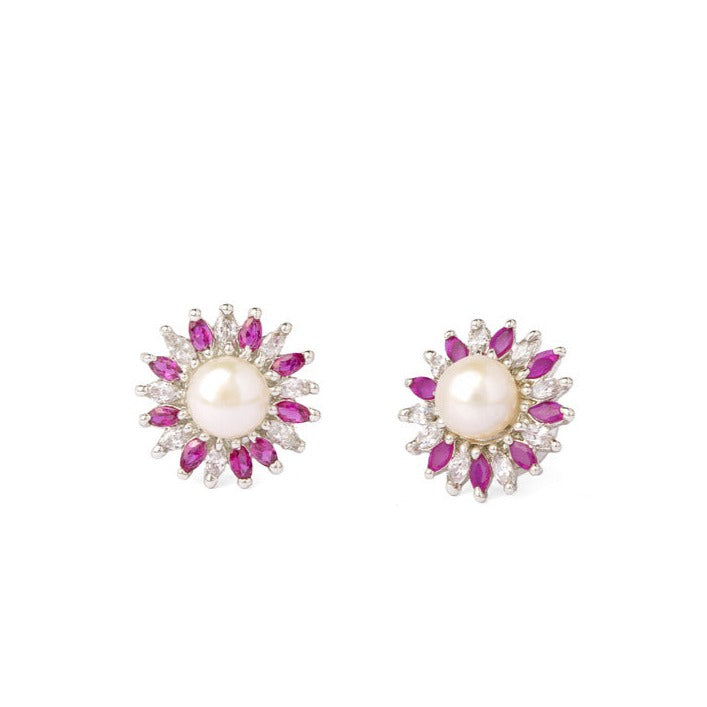 Freeform Floral Ruby Colour Statement Stud | Pearl Earrings