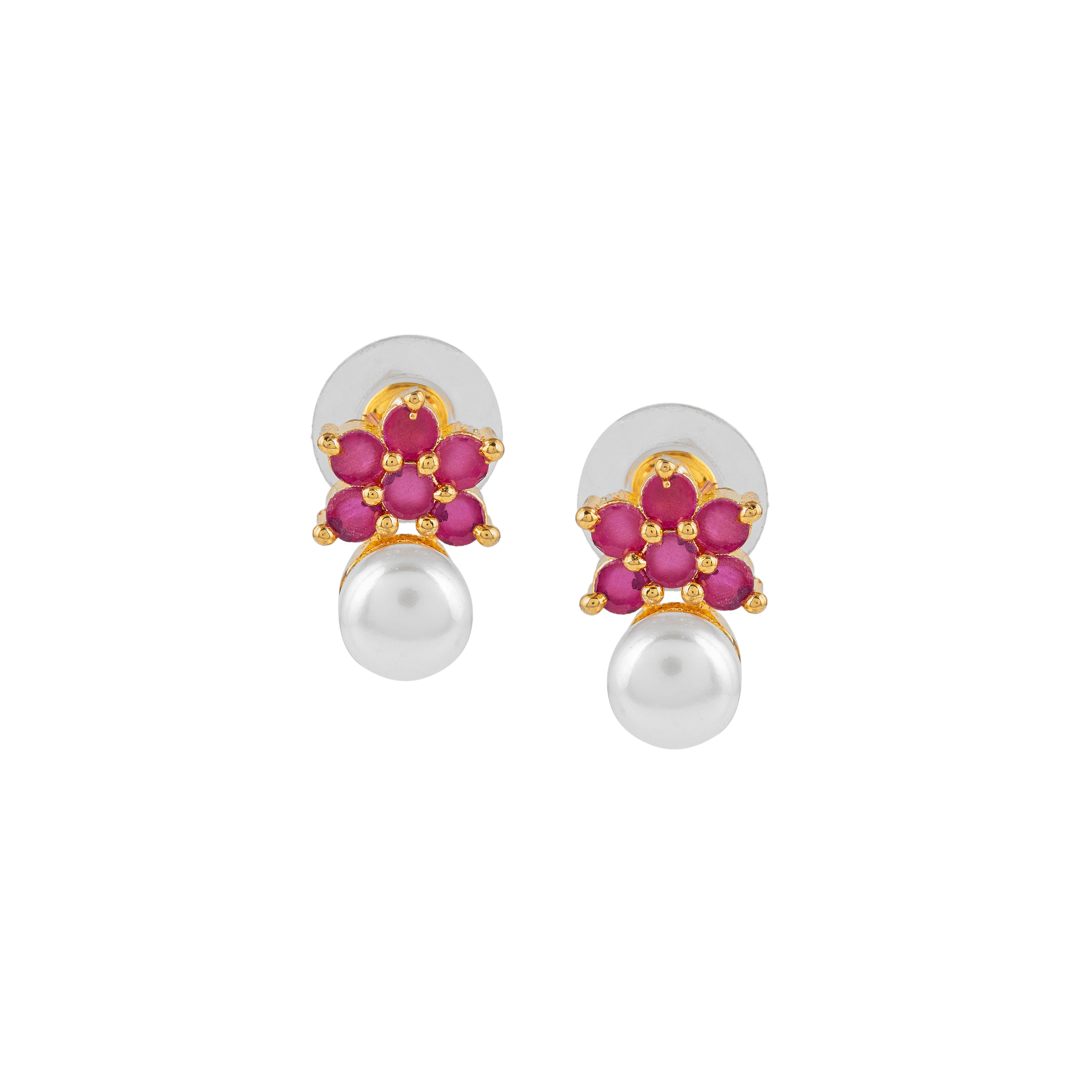 Crimson Bloom Pearl Studs | Earrings