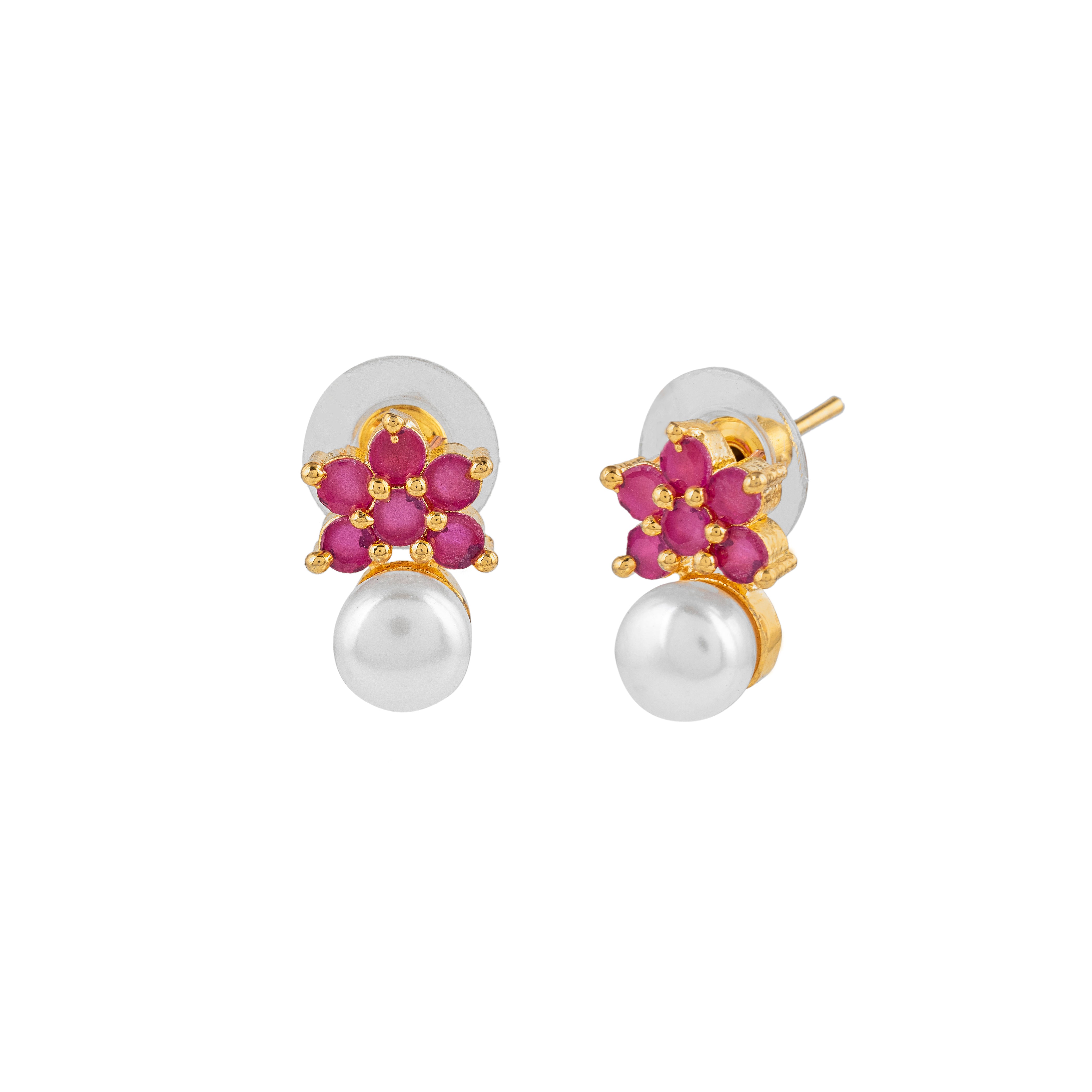 Crimson Bloom Pearl Studs | Earrings