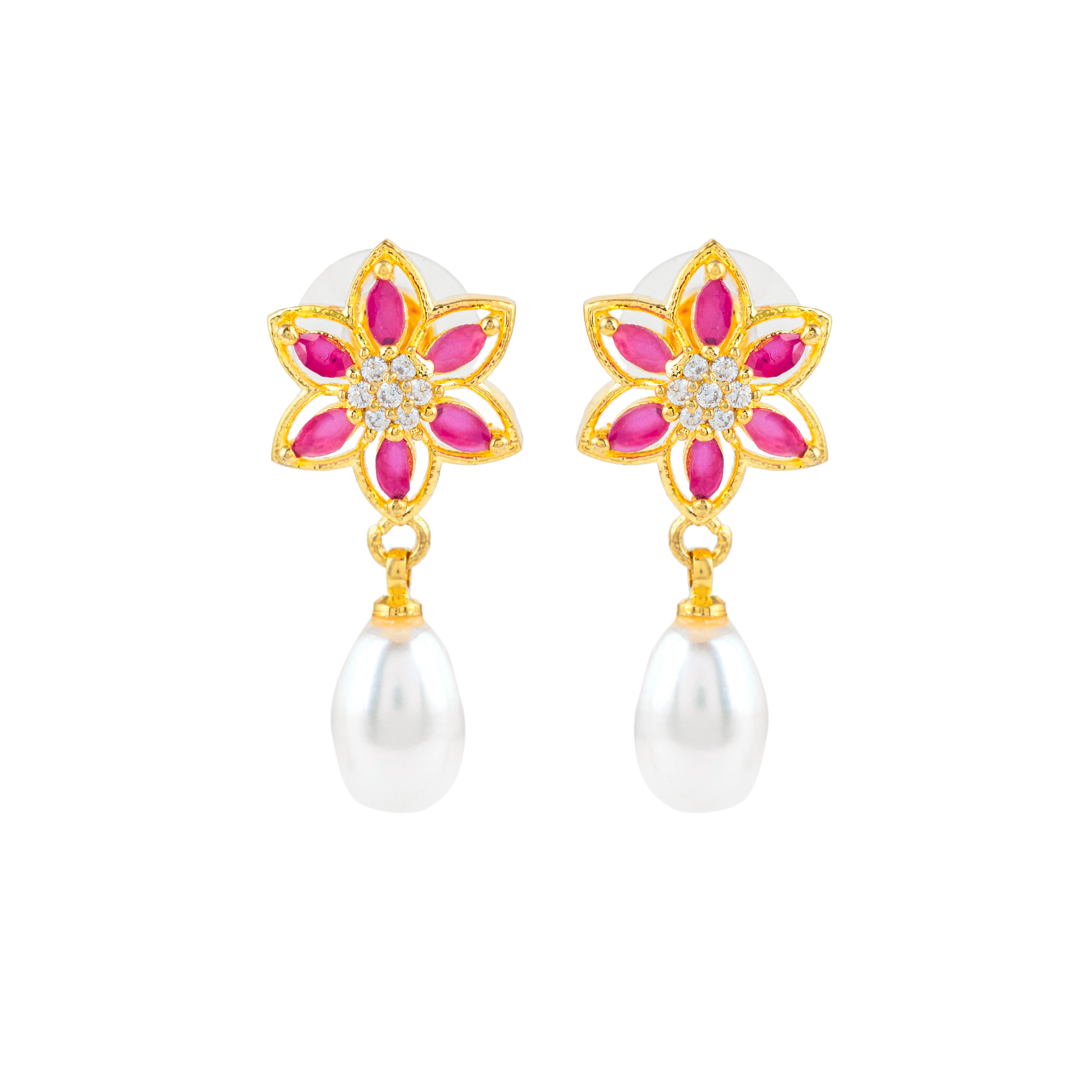 Scarlet Blossom Pearl Drop Earrings