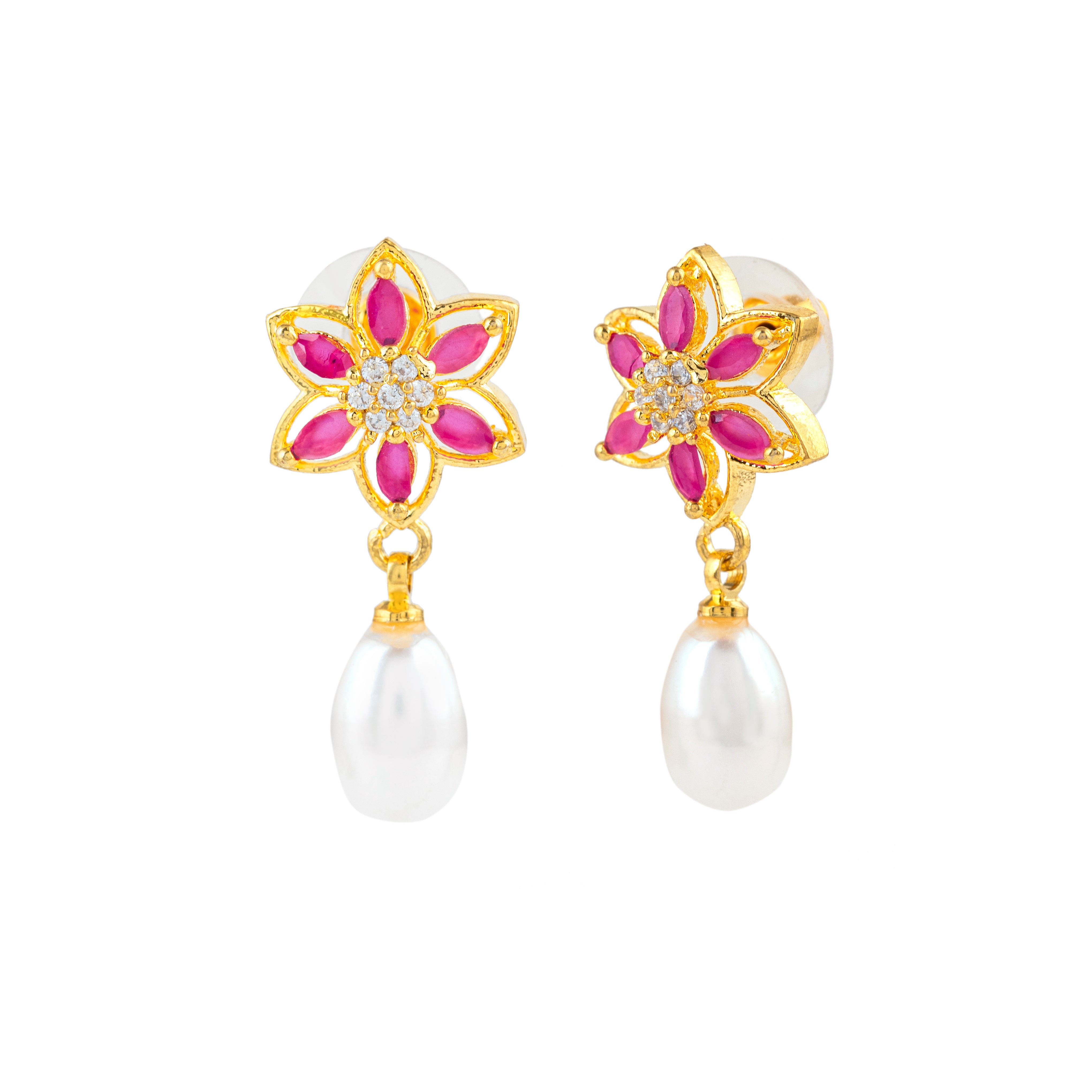 Scarlet Blossom Pearl Drop Earrings