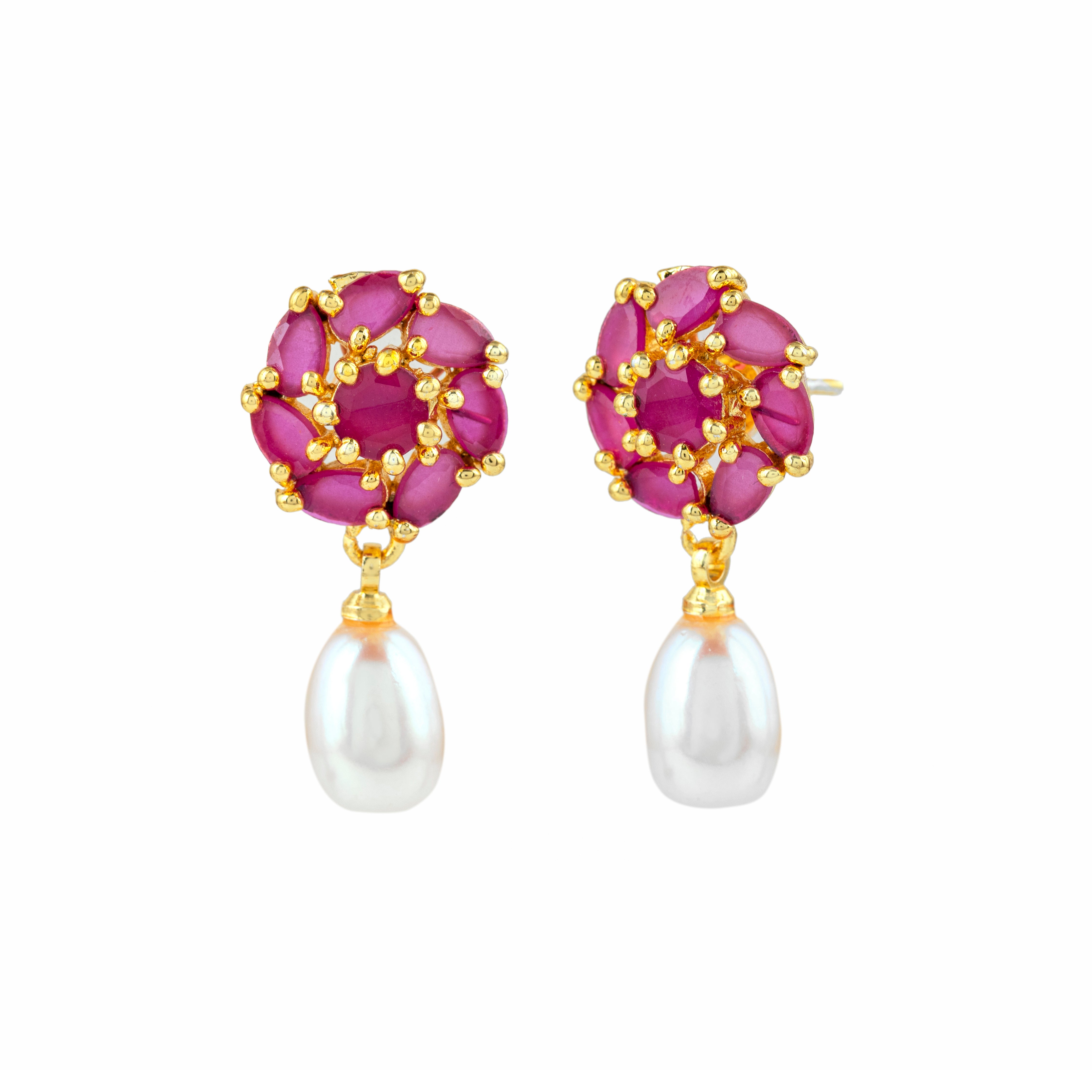 Crimson Blossom Pearl Drops | Sapphire Gemstone Earrings