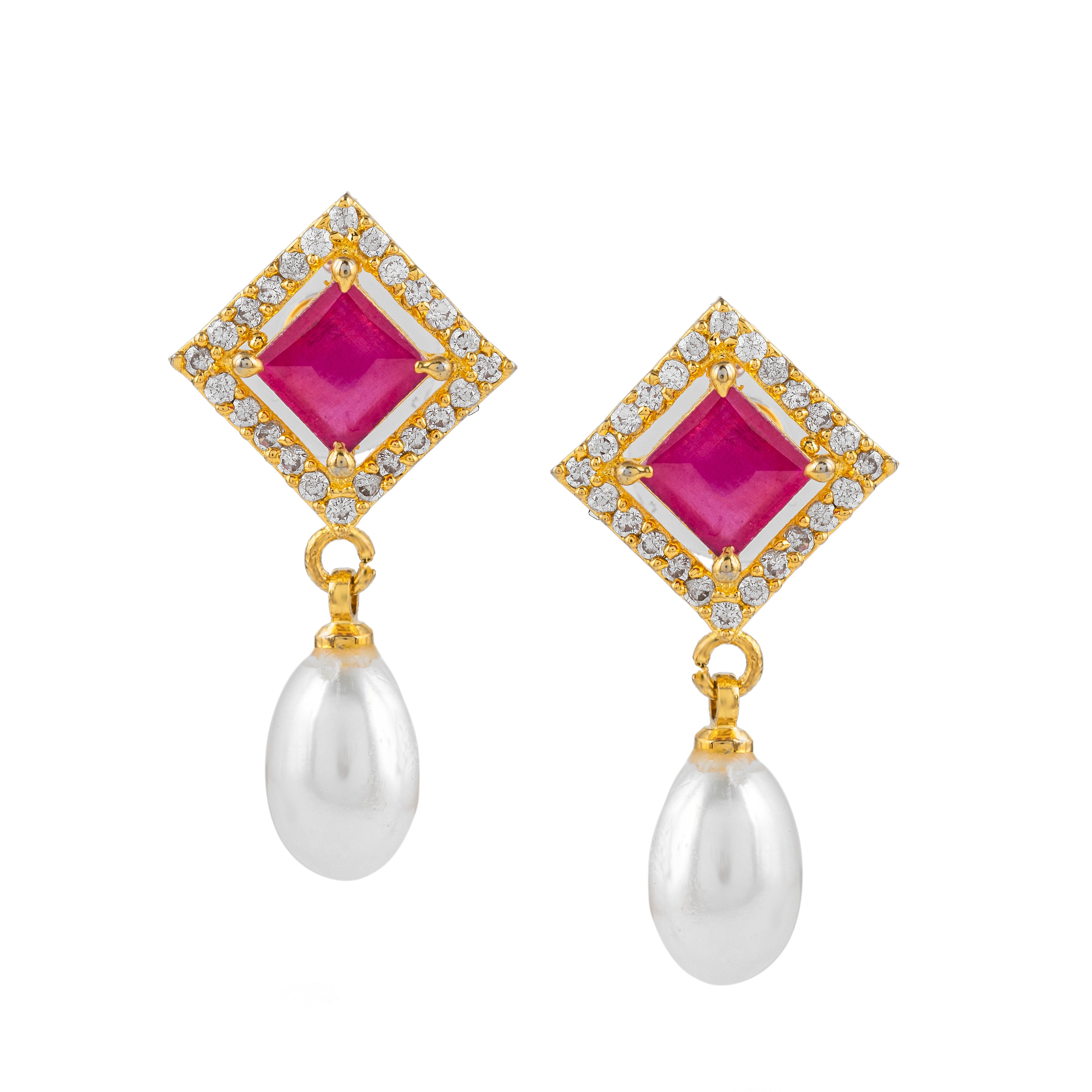 Crimson Square Pearl Drops | Sapphire Gemstone Earrings