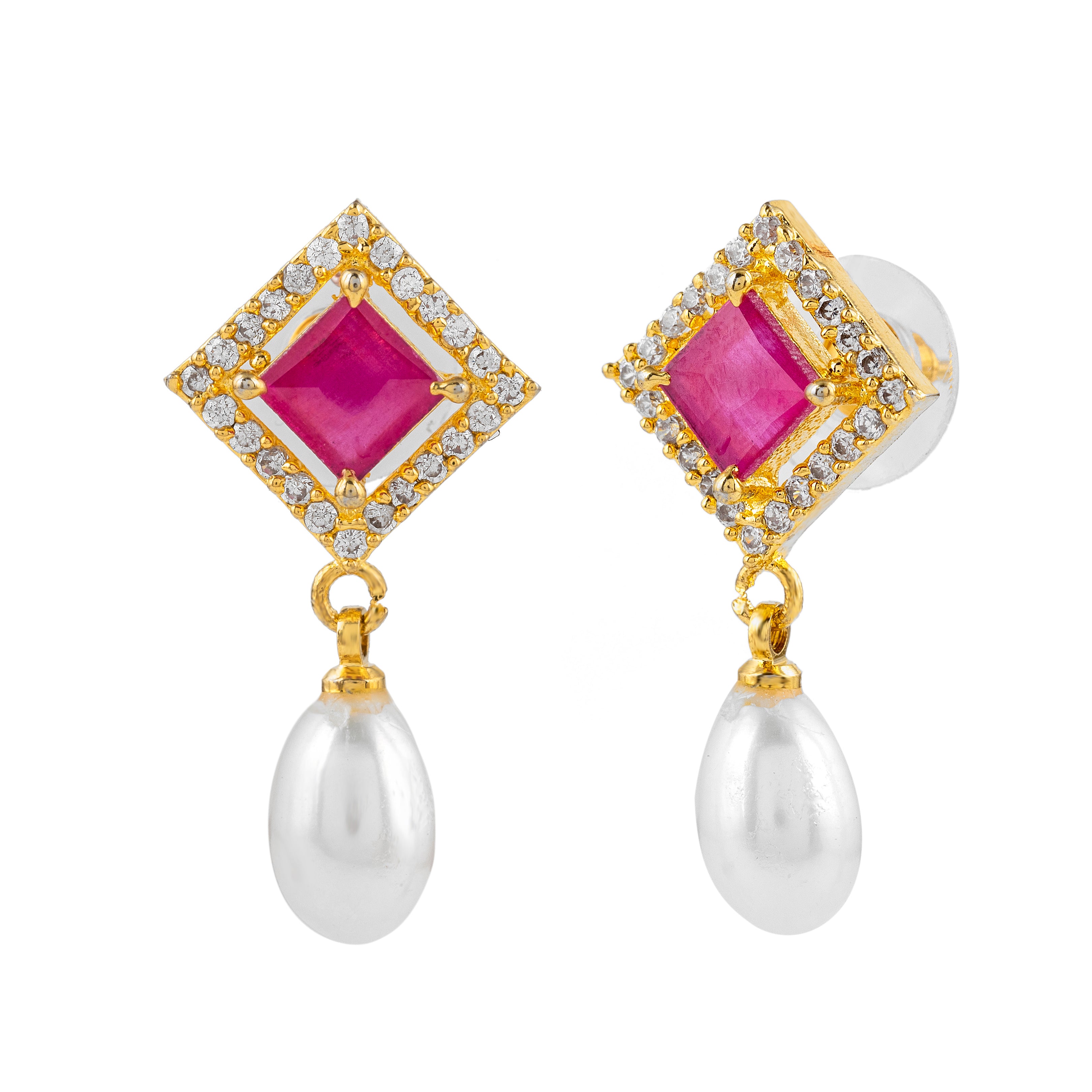 Crimson Square Pearl Drops | Sapphire Gemstone Earrings