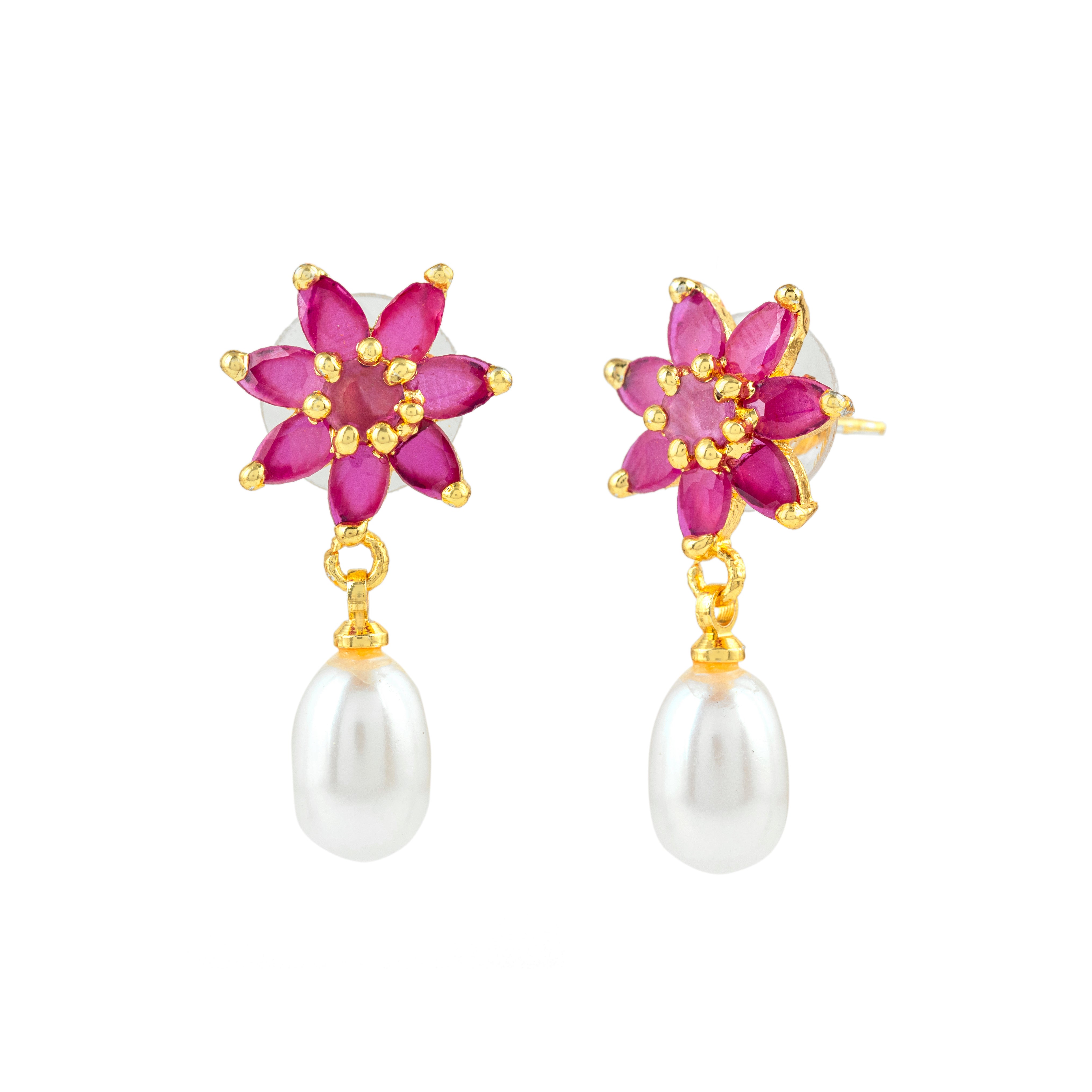 Crimson Petal Pearl Tops | Sapphire Gemstone Earrings