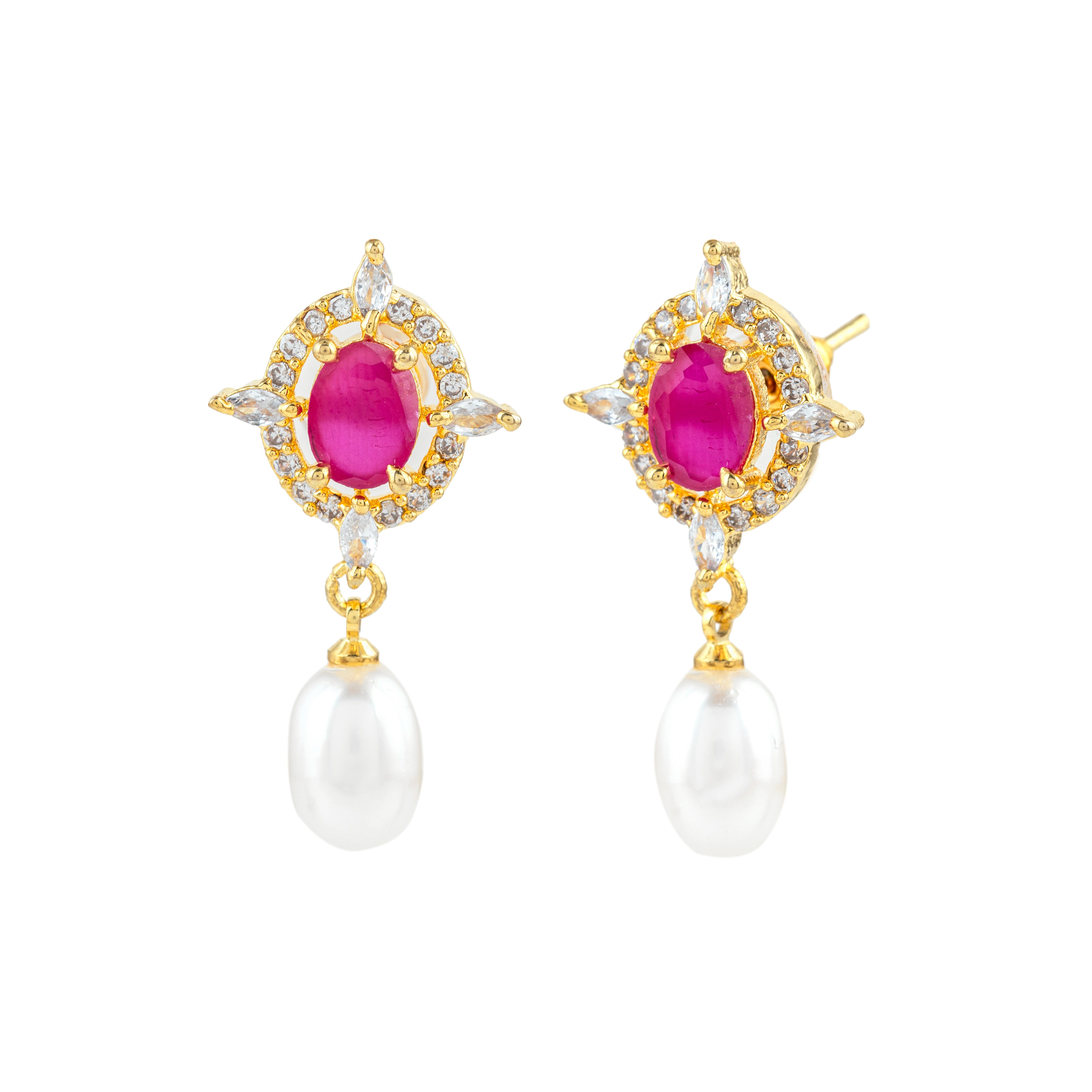 Crimson Oval Pearl Drop Earrings | Sapphire Gemstone Earrings