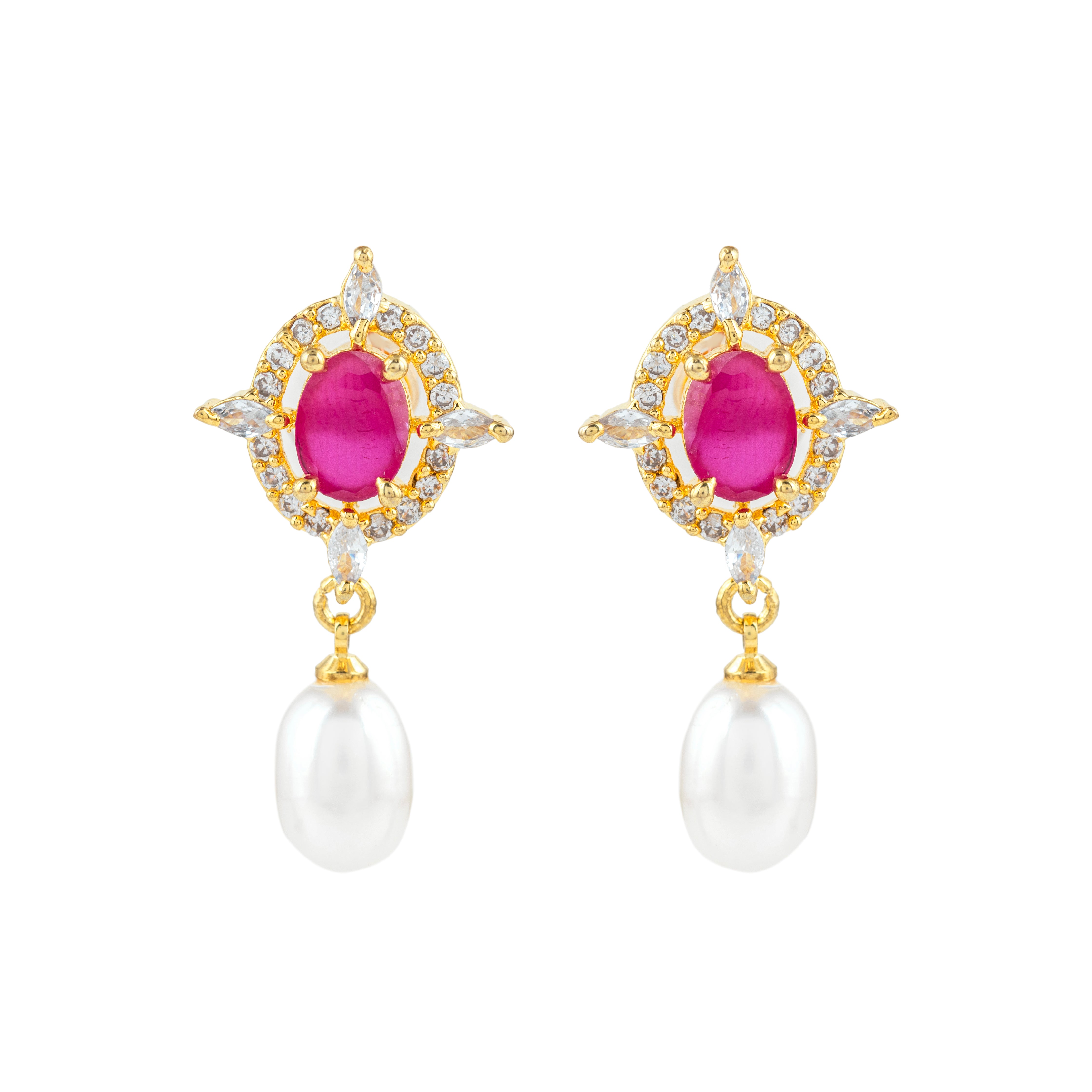 Crimson Oval Pearl Drop Earrings | Sapphire Gemstone Earrings