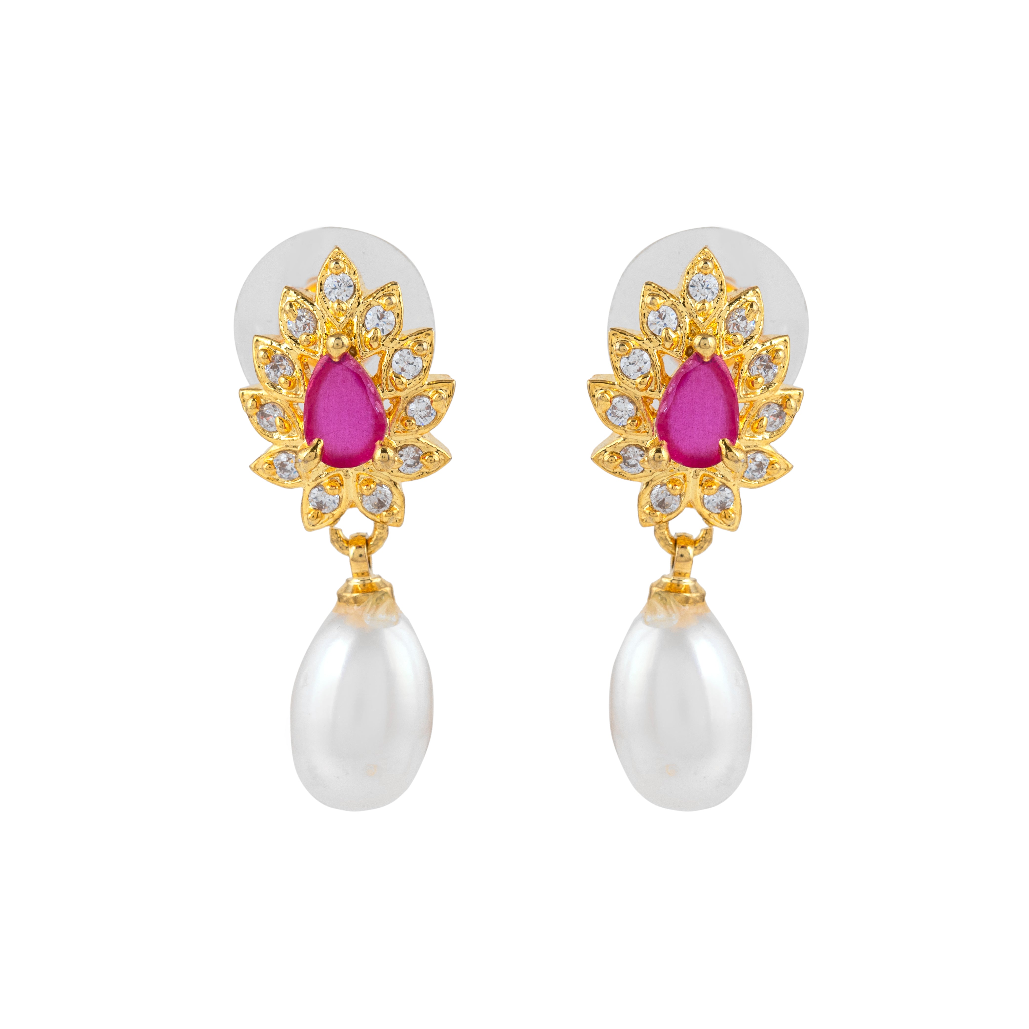 Crimson Leaf Pearl Drops | Sapphire Gemstone Earrings