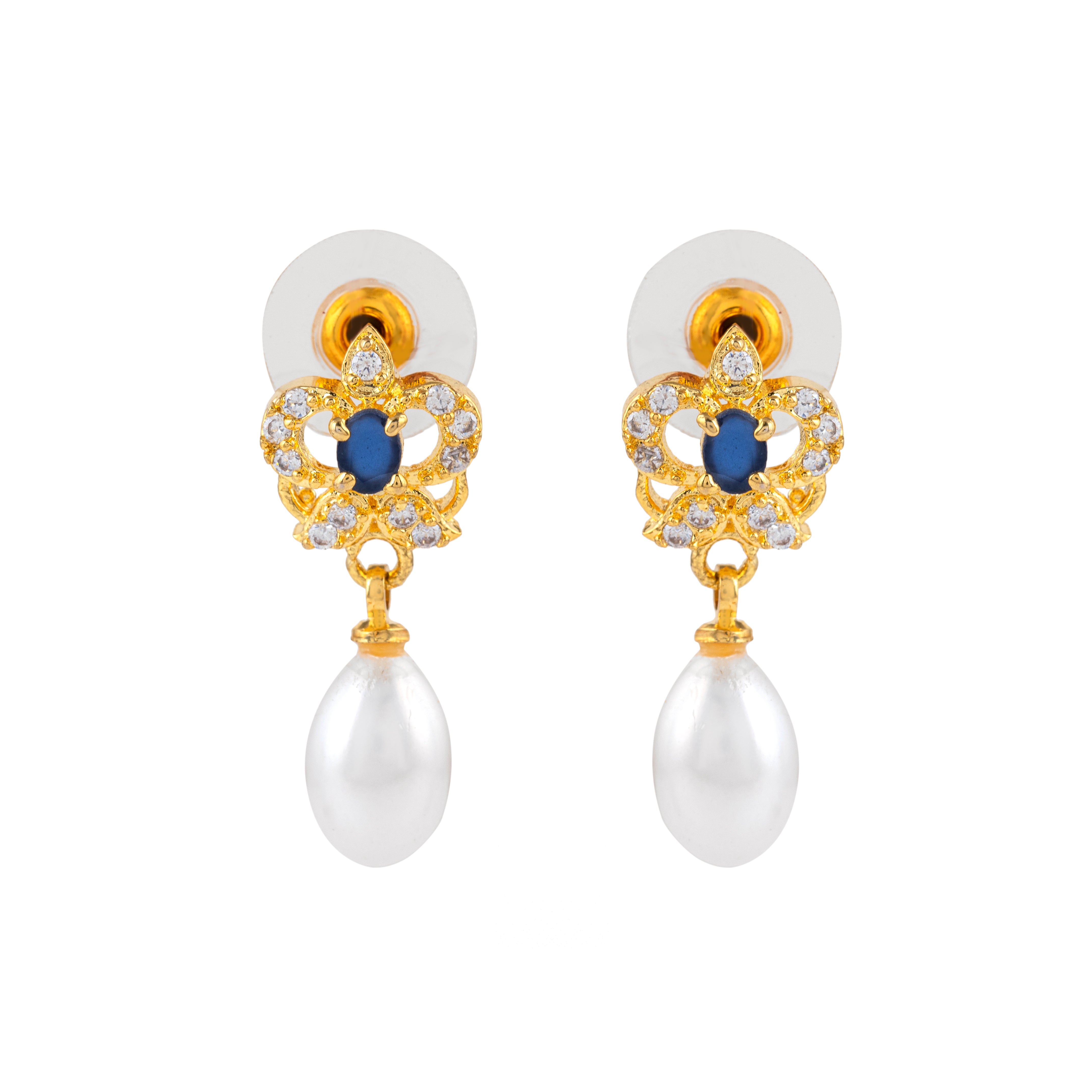Azure Crystal Pearl Tops | Sapphire Gemstone Earrings