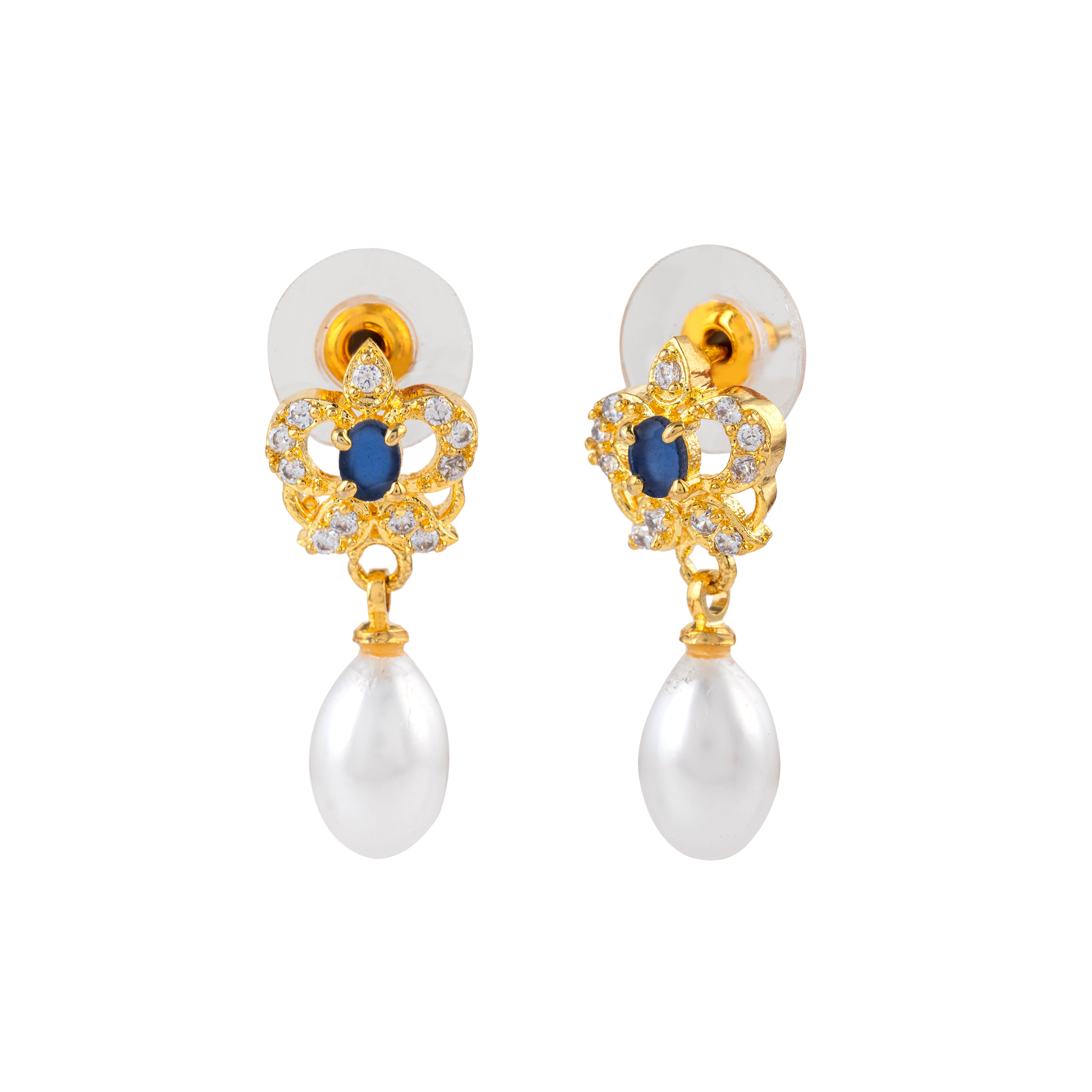 Azure Crystal Pearl Tops | Sapphire Gemstone Earrings