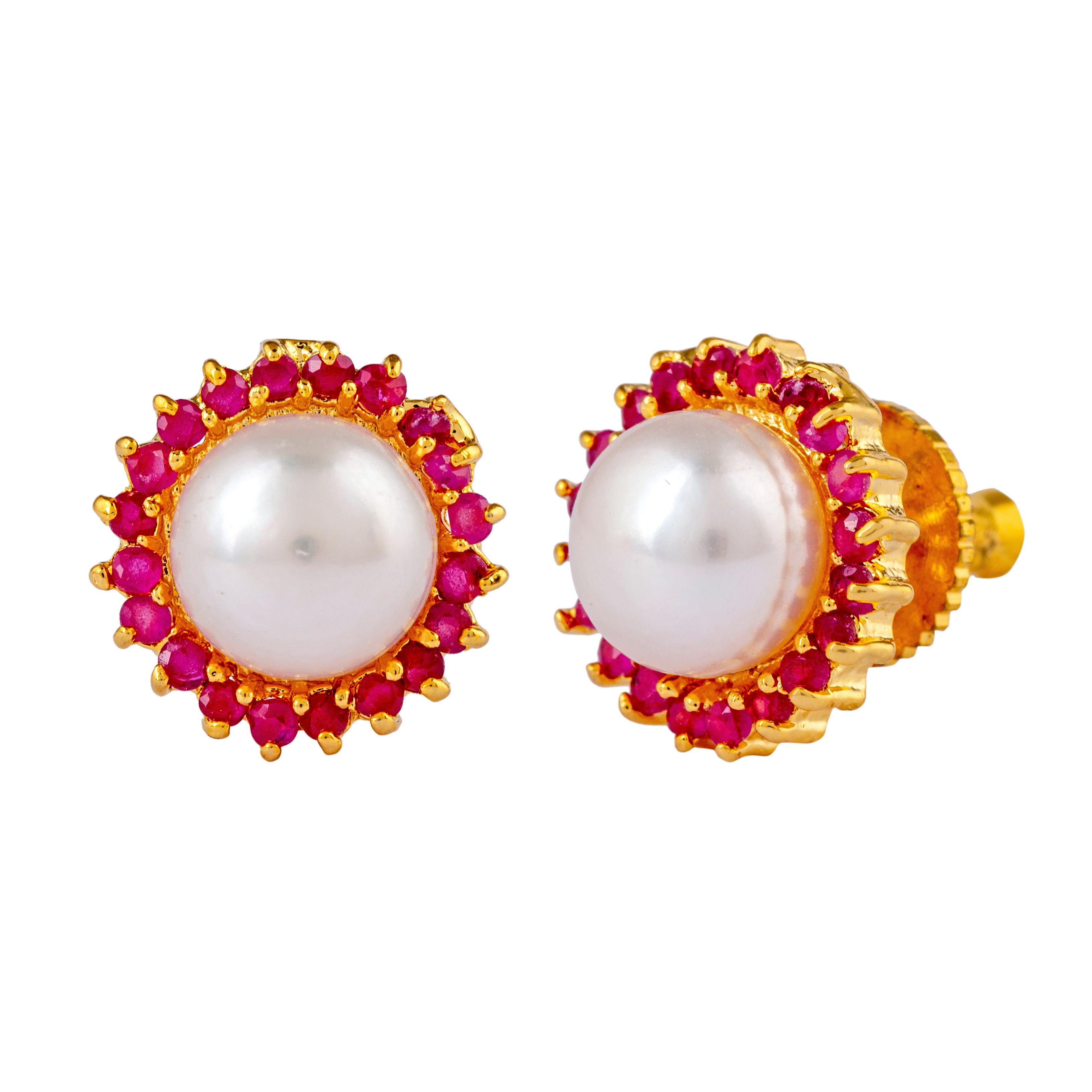 Ruby Pearl Elegance Stud Earrings