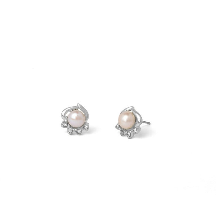White Pearl Elegance In Leafy Stud Earrings