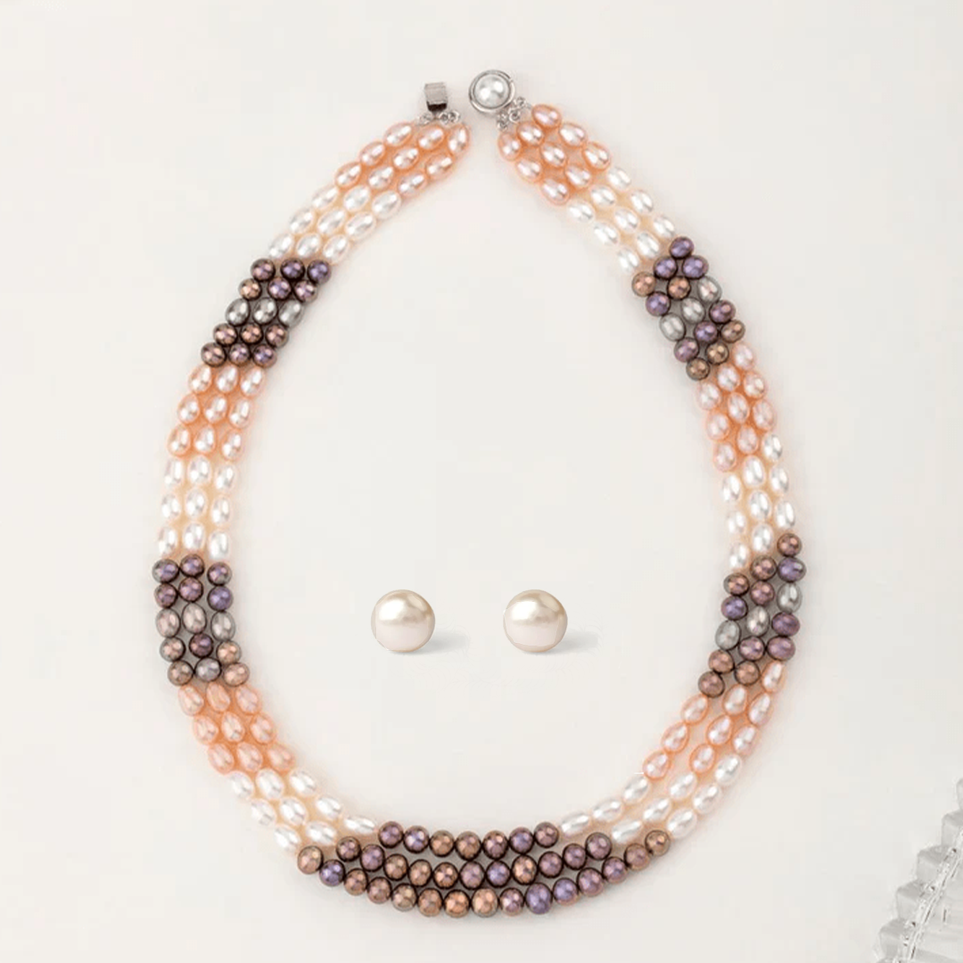 Chocolate Symphony Triple-Line Freshwater Necklace & Pristine Pearl Solitaire Earring Set