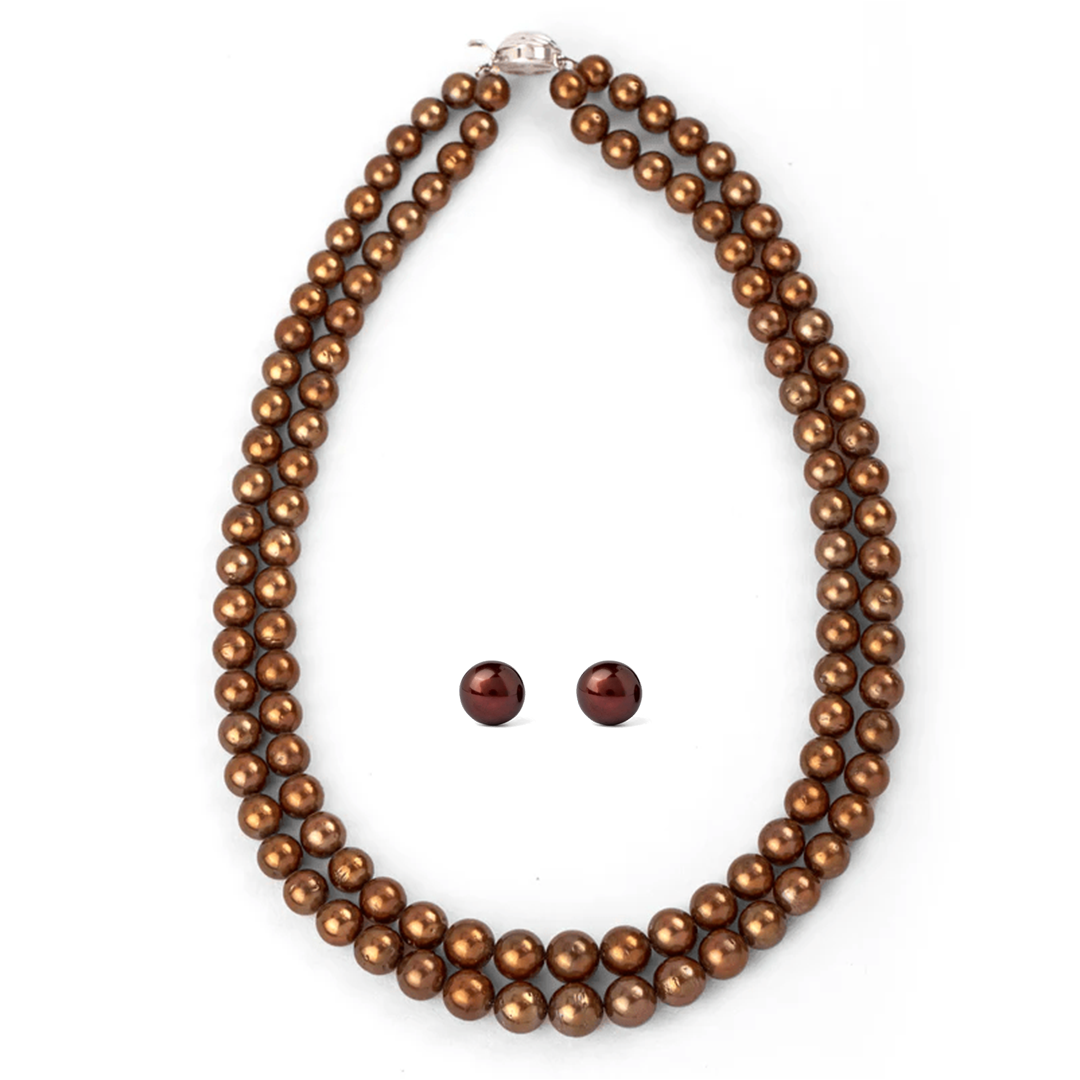 Cocoa Serenity Freshwater Necklace & Bronze Night Pearl Stud Set