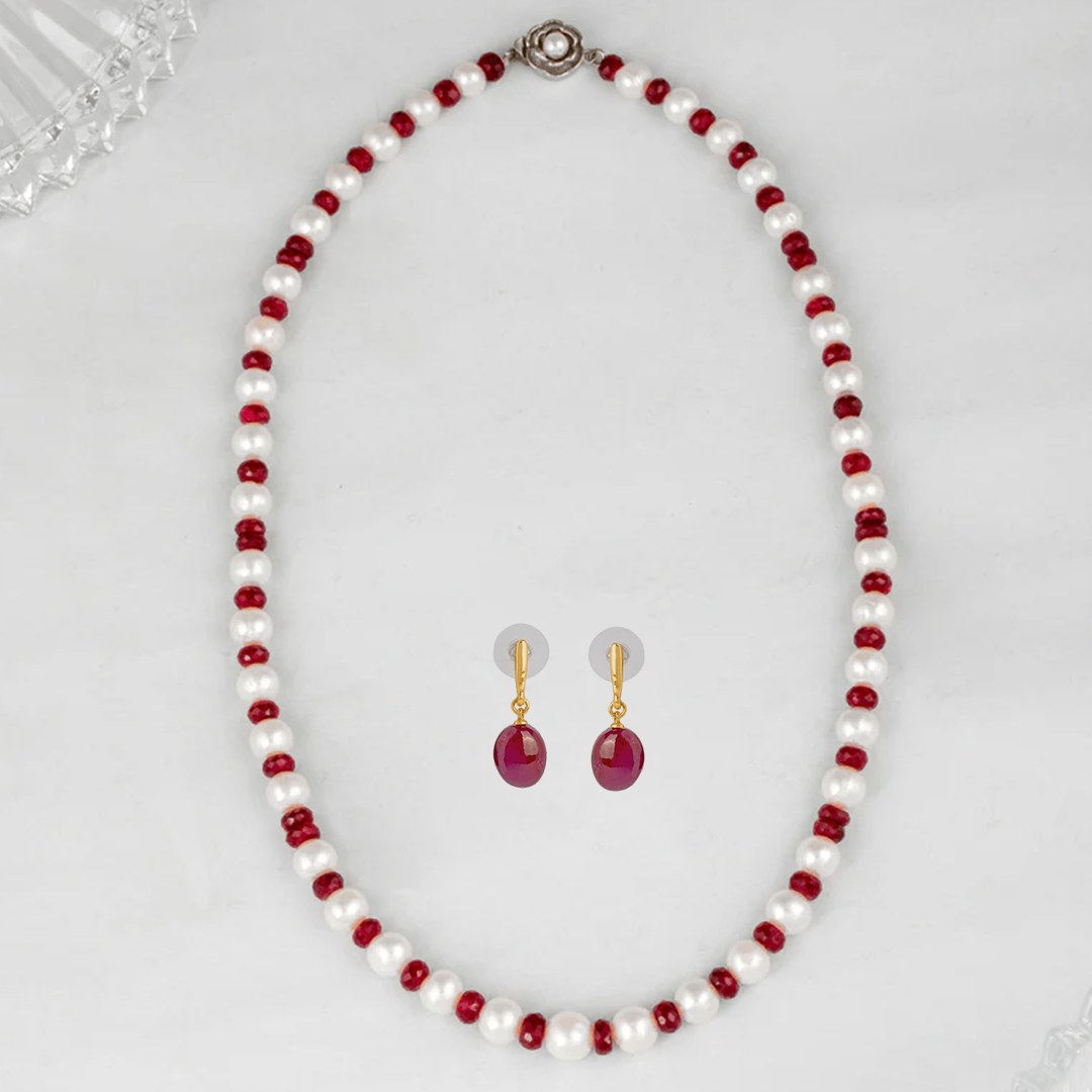 Crimson Elegance Freshwater Pearl Necklace & Ravishing Ruby Drop Earring Set