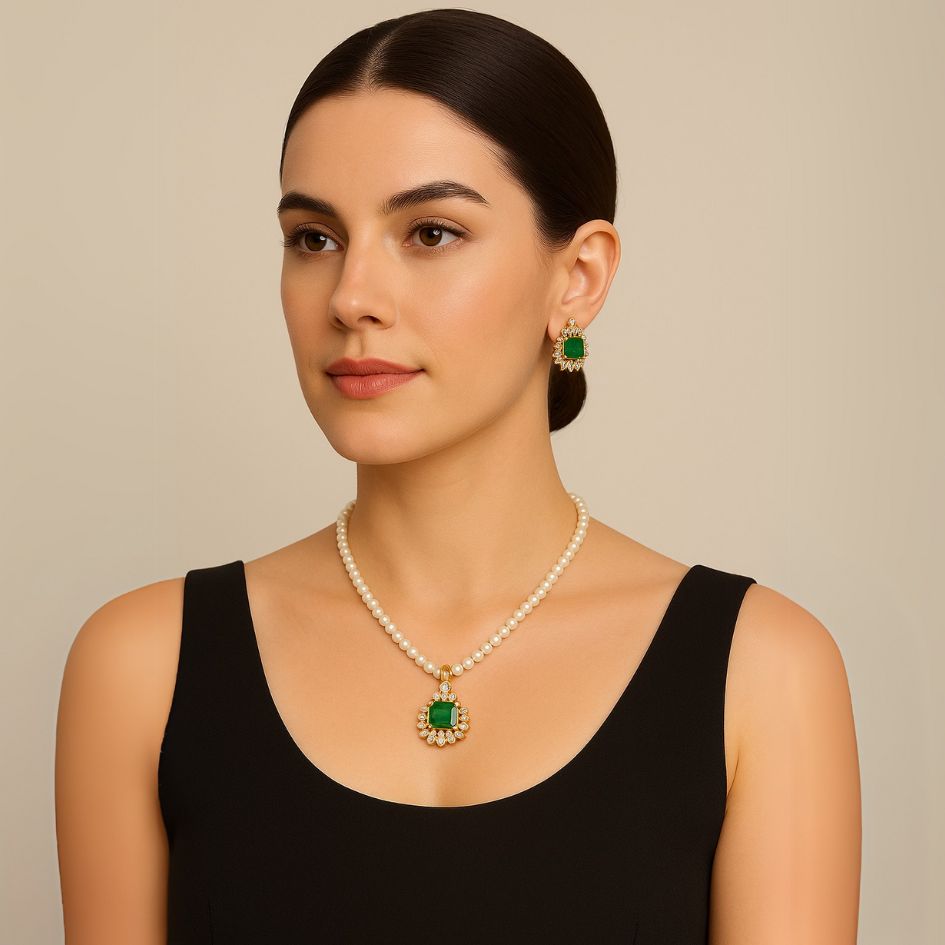 Emerald Shape Drop Pearl Jewelry Set