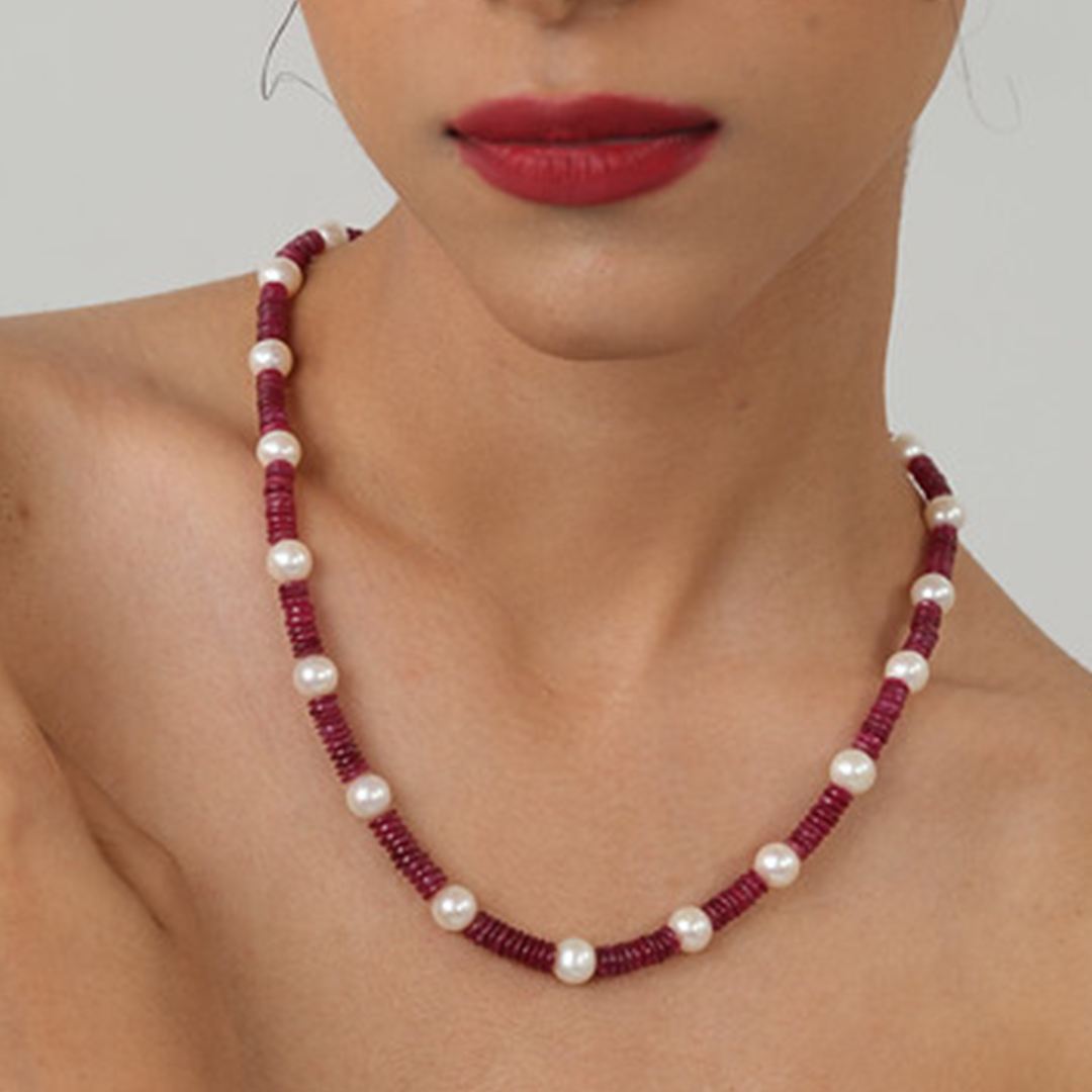 Eternal Freshwater Pearl and Ruby Necklace