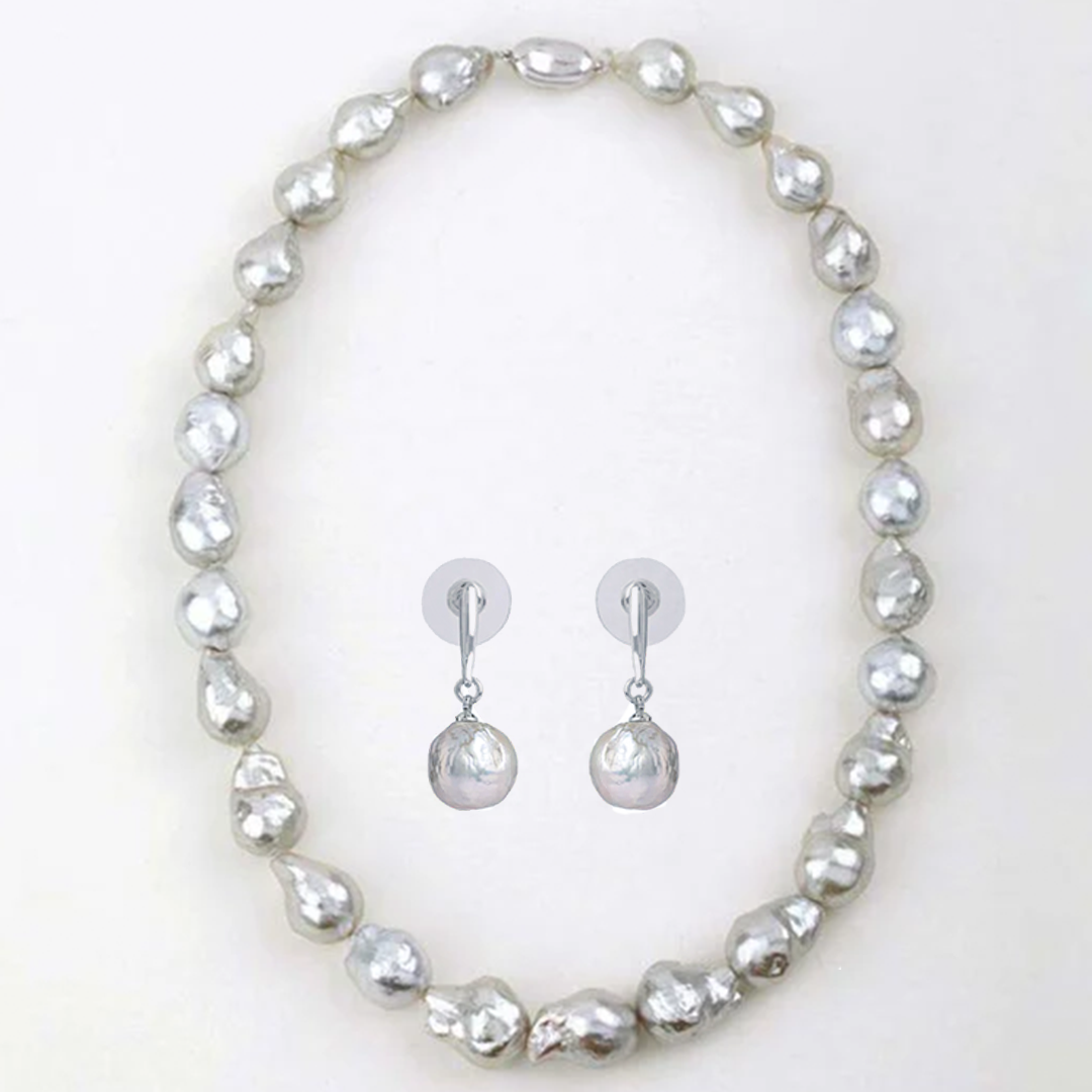 Freshwater Grey Lust Baroque Pearl Necklace & Misty Silver Shimmer Baroque Earring Set