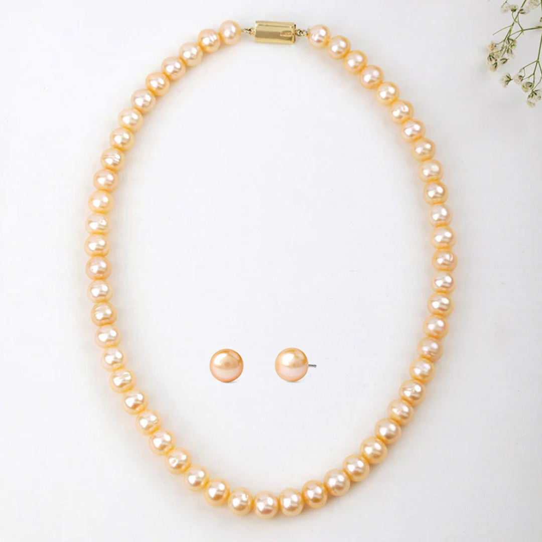 Freshwater Peach Pearl Necklace & Pearl Whisper Stud Earring Set