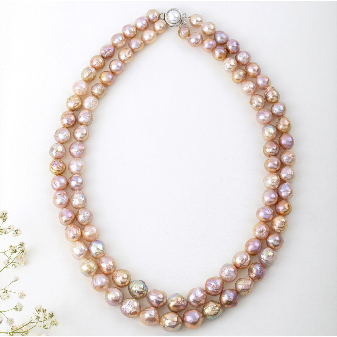 Freshwater Pink Semi-Baroque 2-line Pearl Necklace