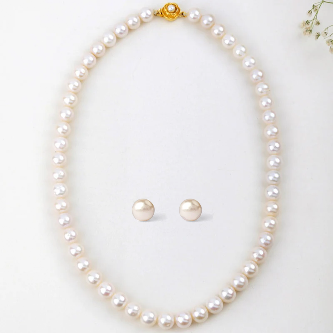 Freshwater Sweet White Beauty Pearl Necklace & Pristine Pearl Solitaire Earring Set