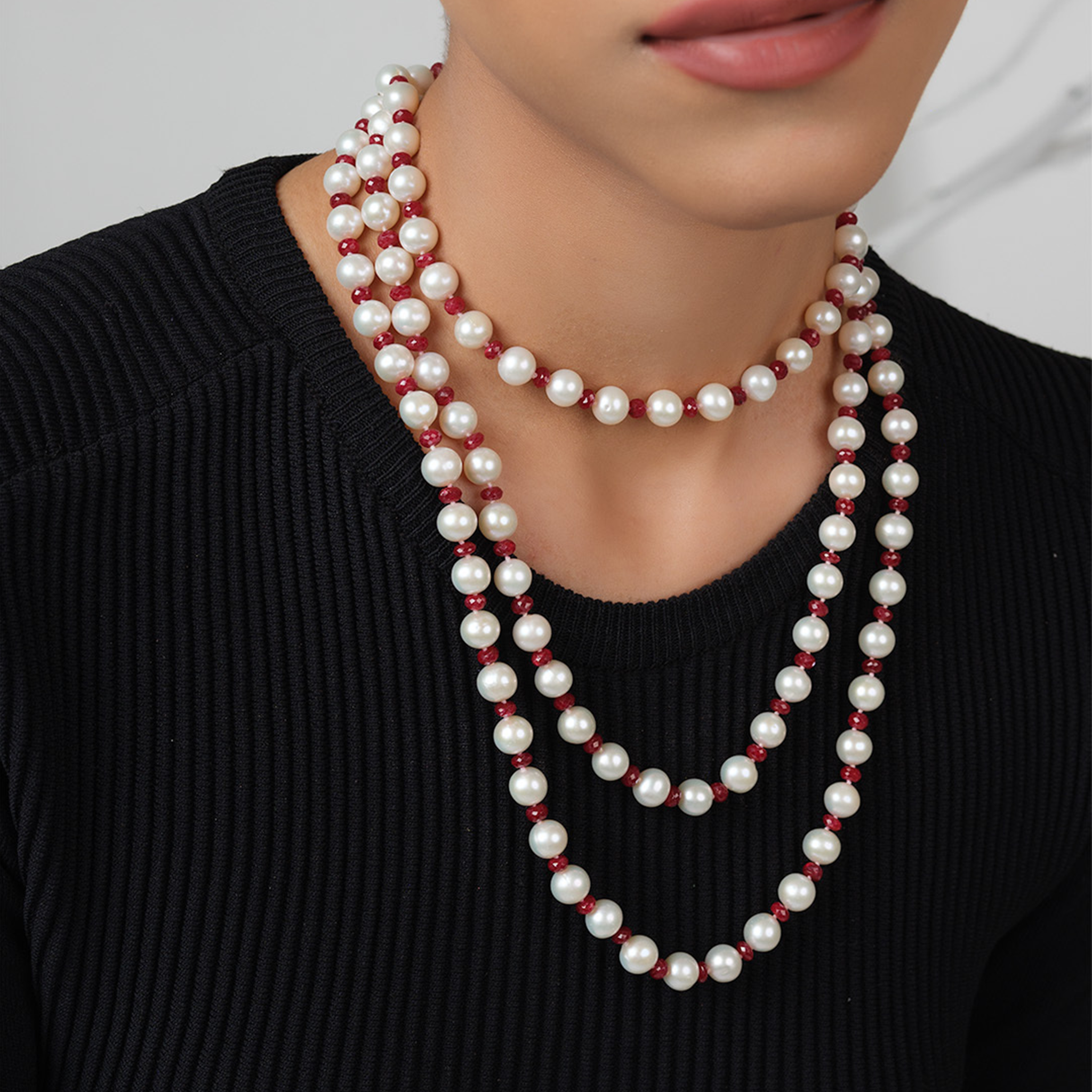 Freshwater WHITE AND RED RUBY OPERA Pearl Necklace