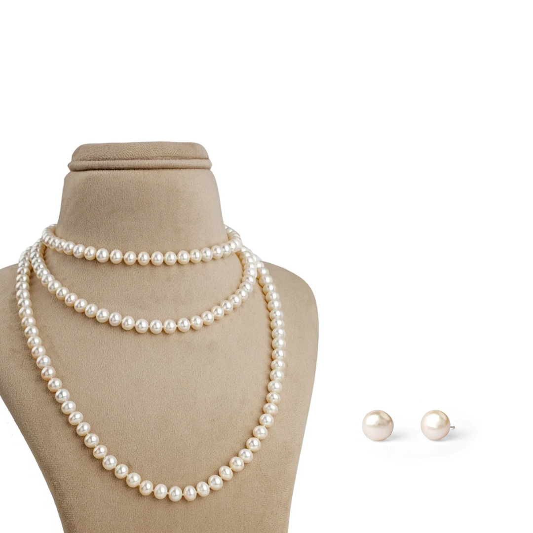 Freshwater White Beauty OPERA Pearl Necklace & Pristine Pearl Solitaire Earring Set