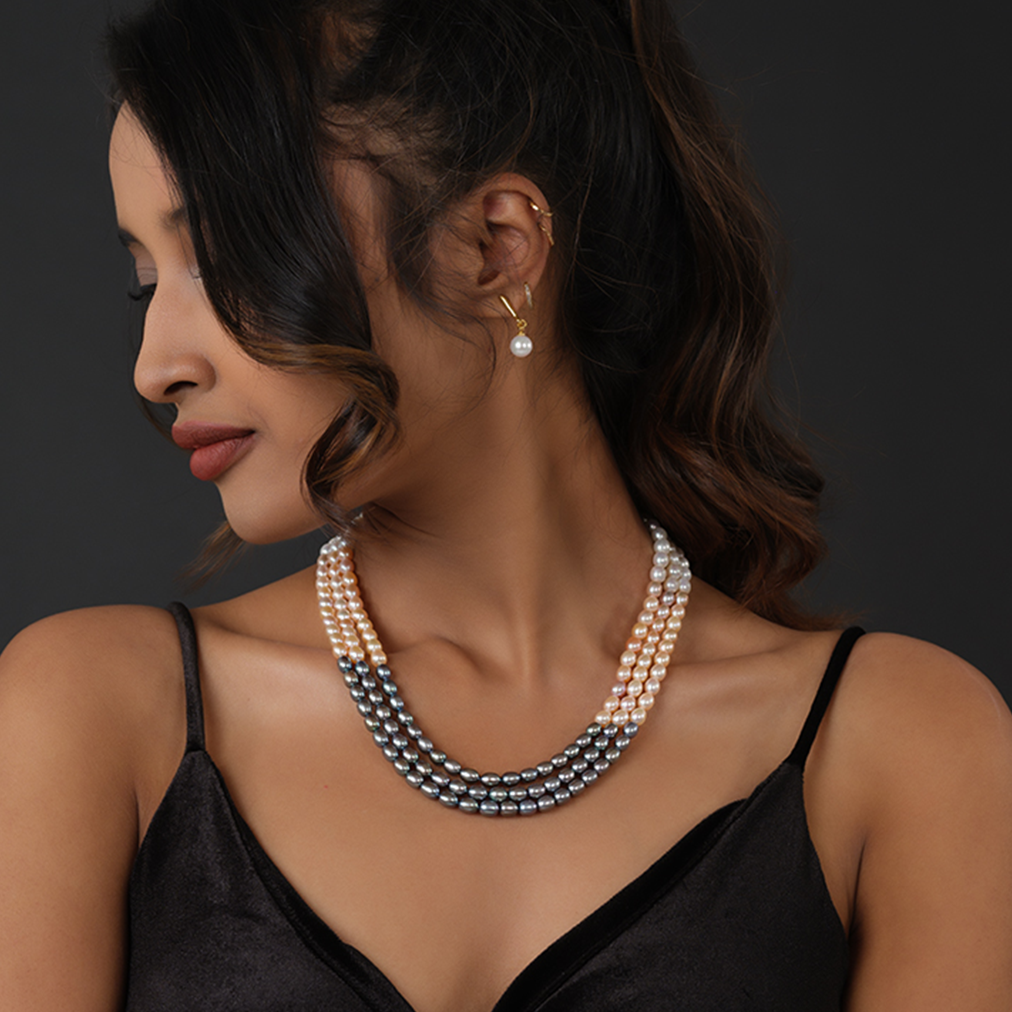 Harmonious Tricolor Oval Triple Strand Pearl Necklace