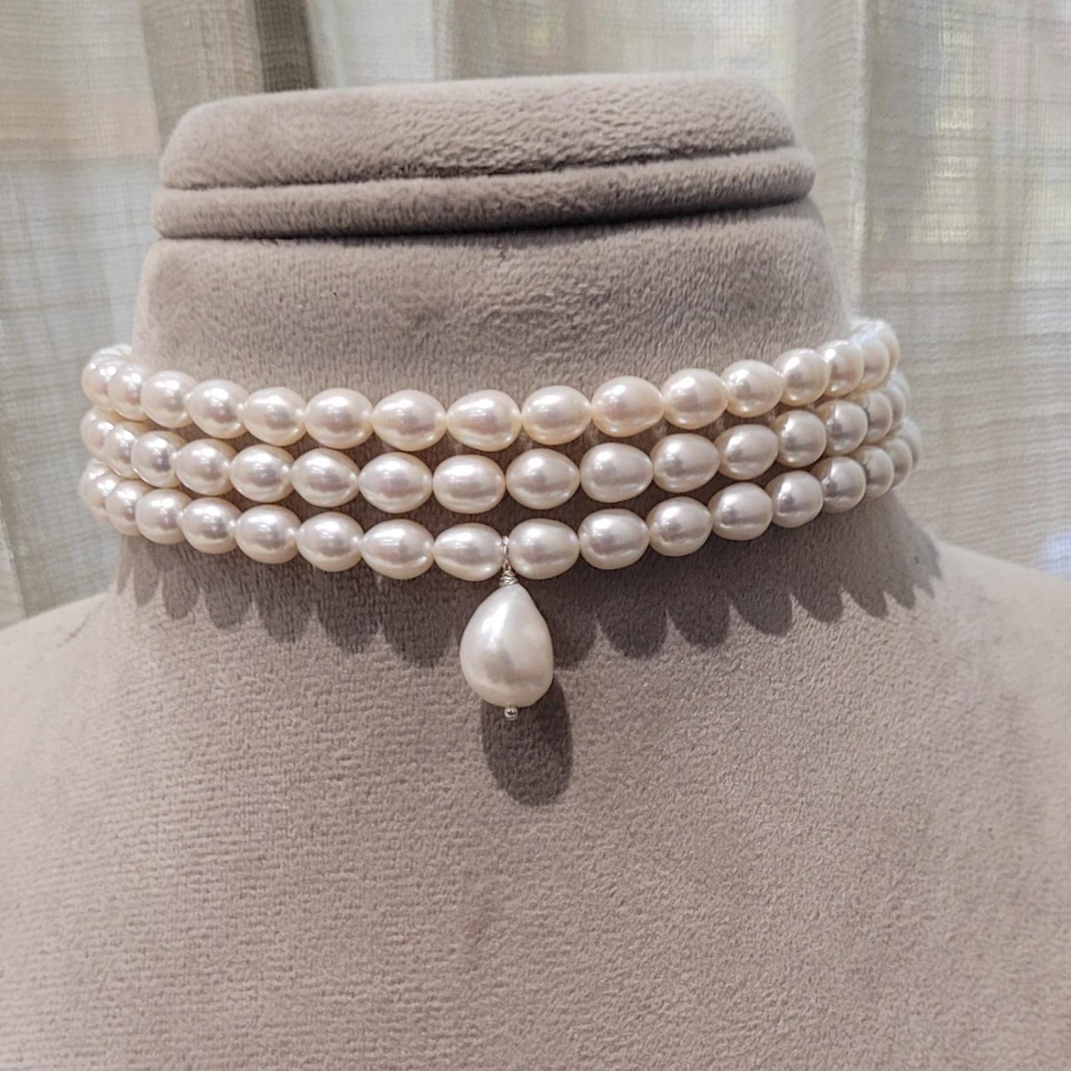 Freshwater 3-Line Choker Necklace & Pristine Pearl Solitaire Earring Set