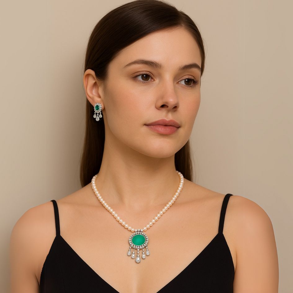Light Green Radiance CZ Drops Pearl Jewelry Set