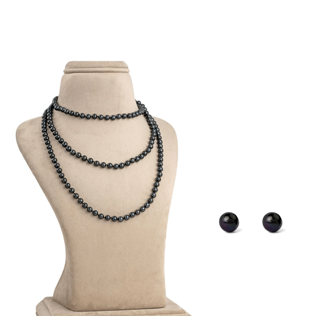 Long Freshwater OPERA Black Beauty Pearl Necklace & Black Beauty Solitaire Earring Set