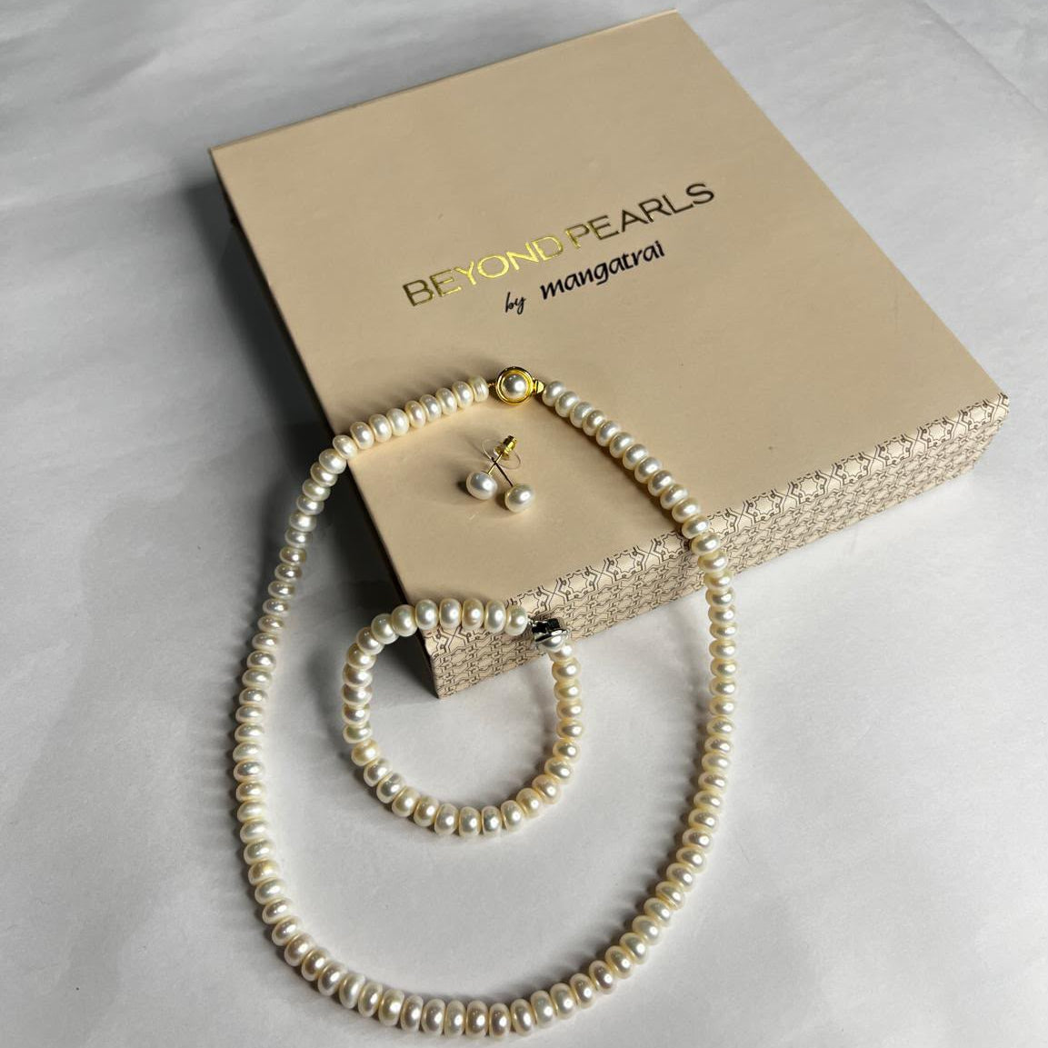 Milky button pearl combo set - Necklace, bracelet, earrings