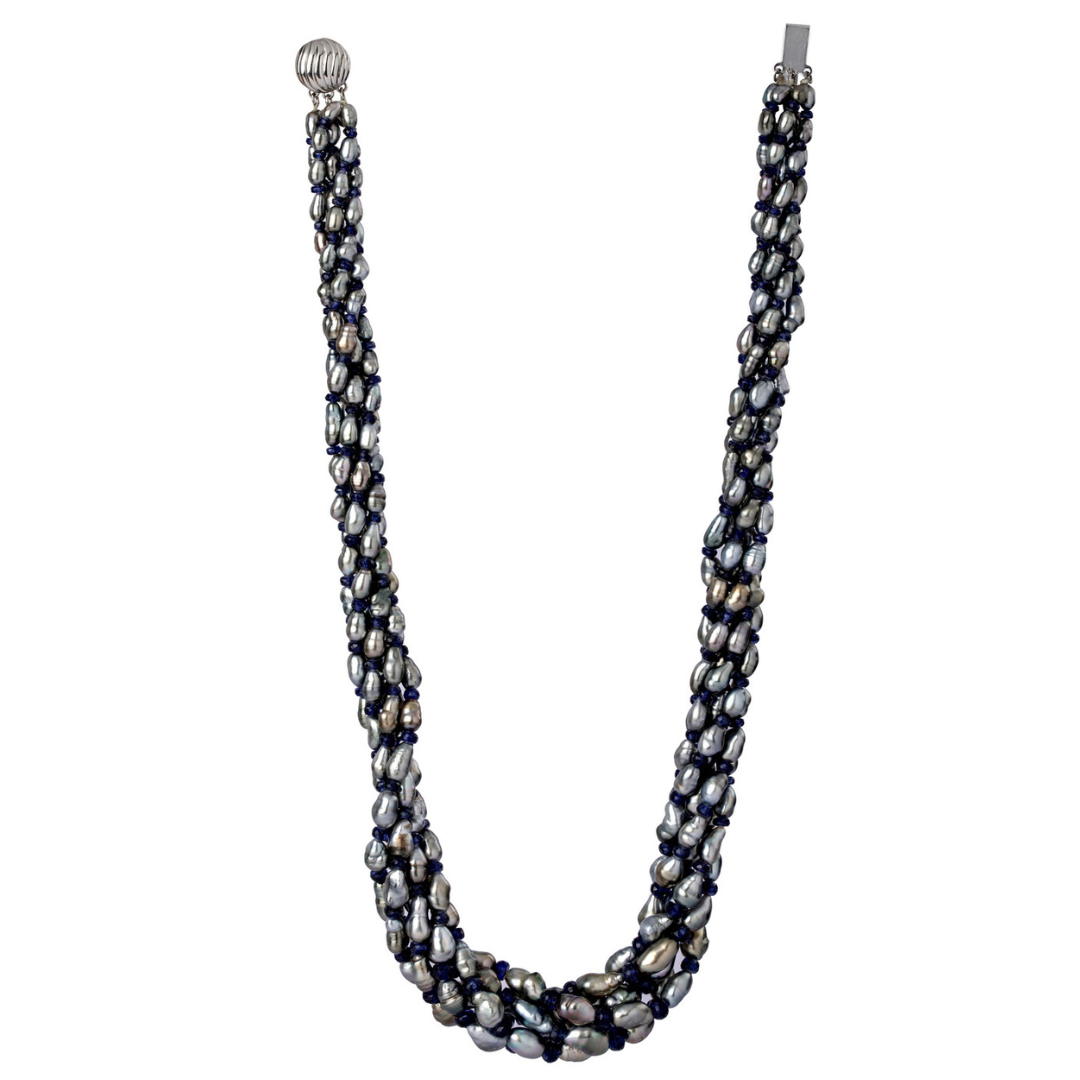 Mystic Noir Random-Shaped Black Keshi Pearl with Blue Sapphire Twisted Necklace 1