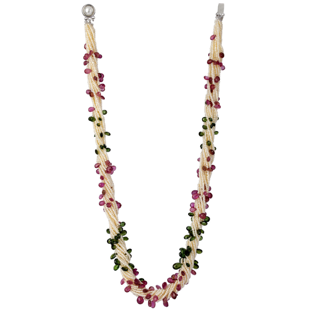 Radiant Blooms Twisted Gemstone and Pearl Necklace with Multicolour Tourmaline
