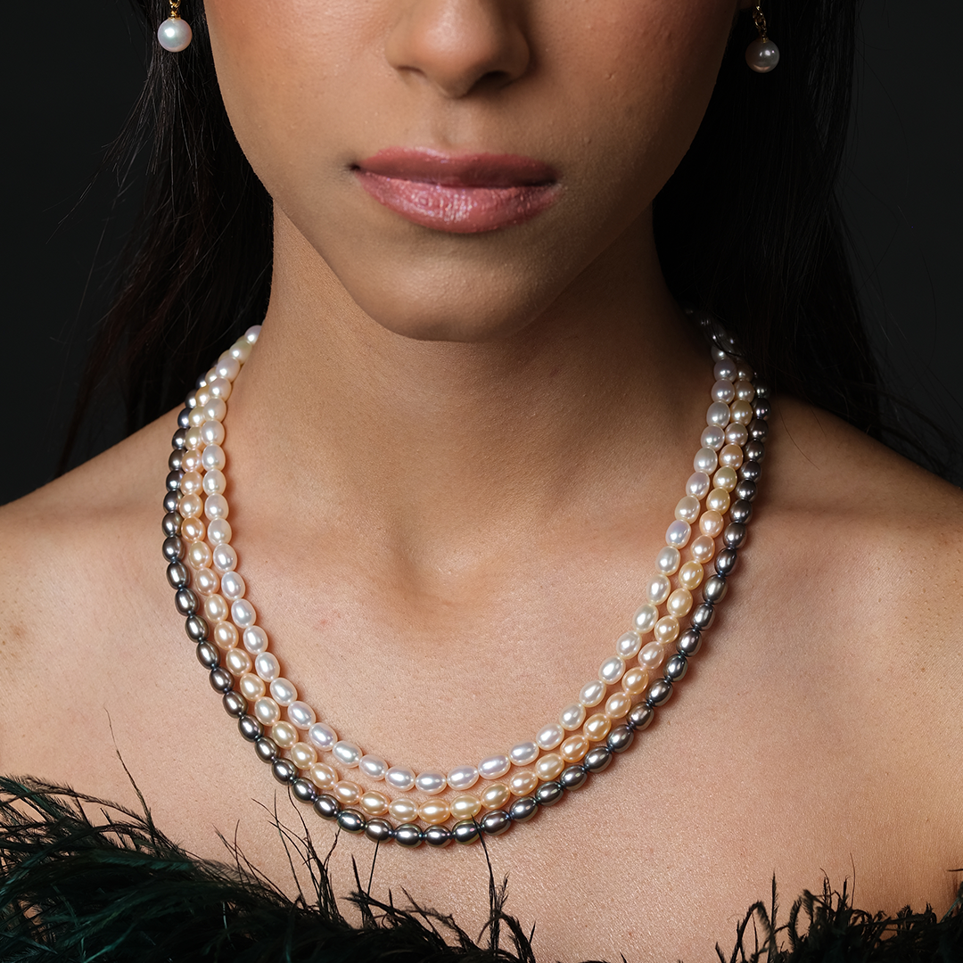 Tricolor Elegance Oval 3-Line Freshwater Pearl Necklace