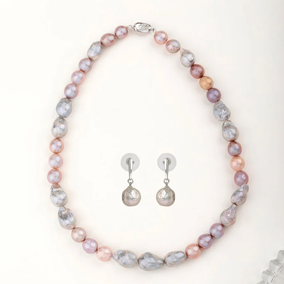 Twilight Blush Baroque Freshwater Strand & Misty Silver Shimmer Baroque Drop Earrings Set