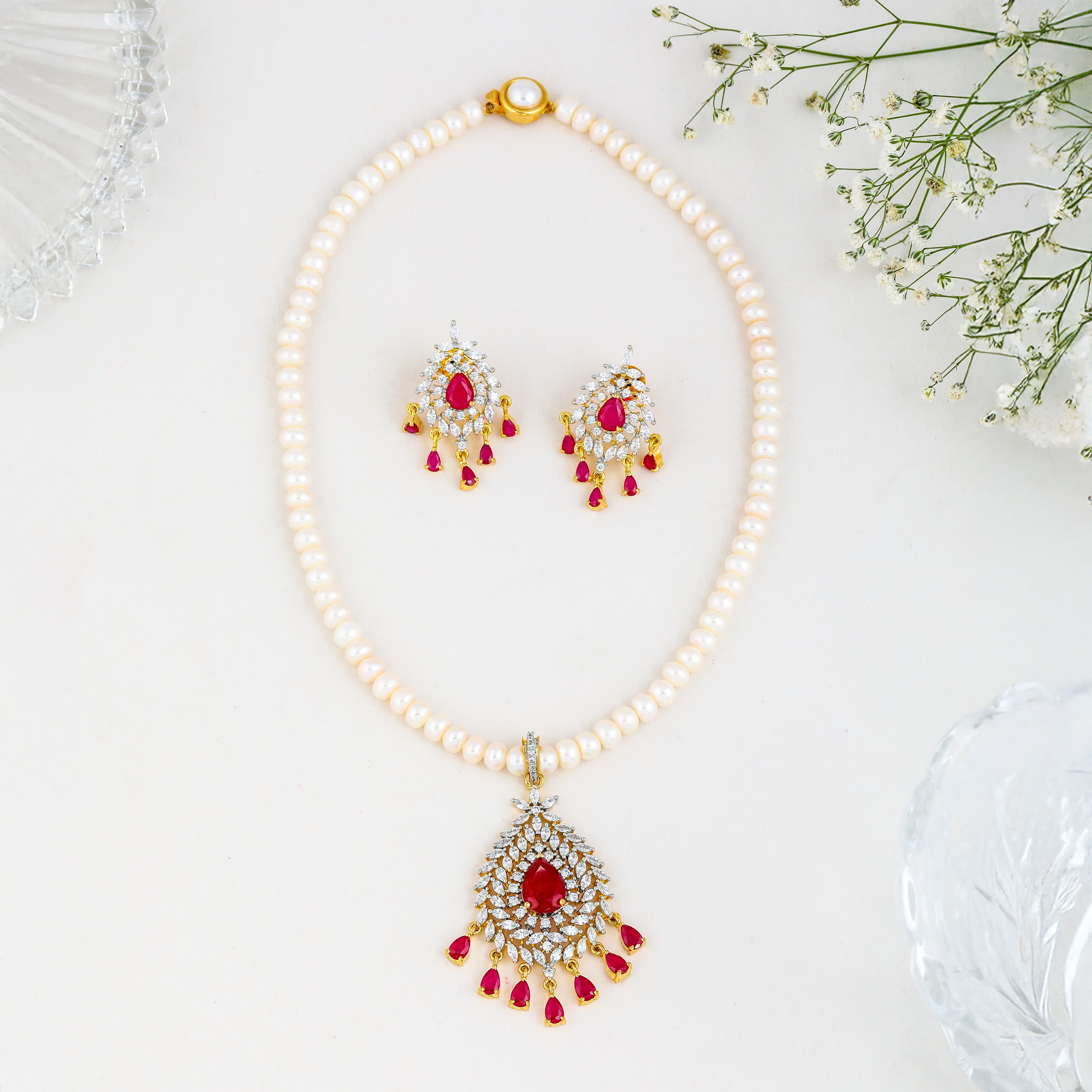 Red Crescent Sparkle Drop Pearl Jewelry Set