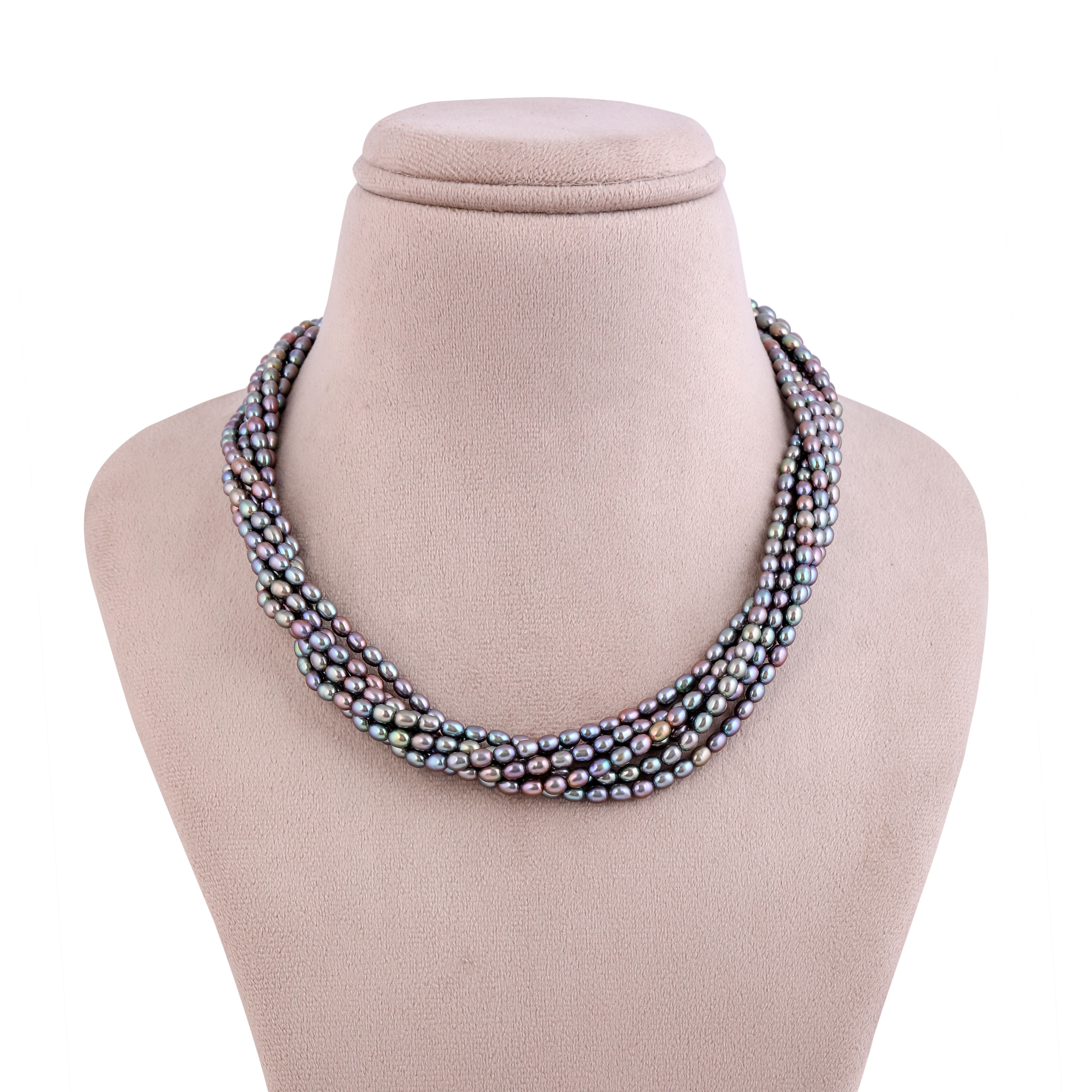 Freshwater Grayish Black Twisted 6-Line Pearl Necklace
