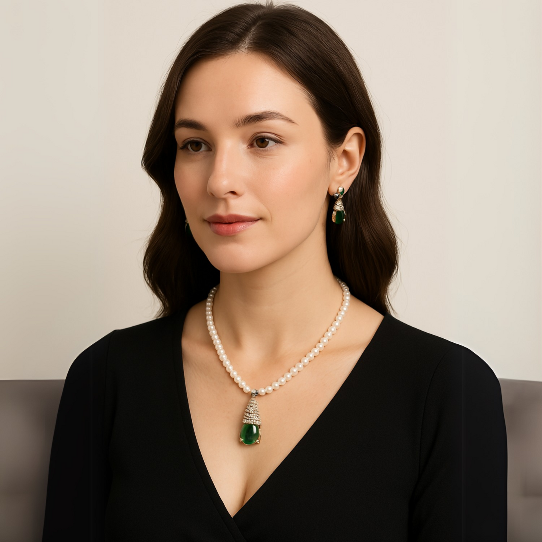 Chandelier Emerald Drop Pearl Jewelry Set