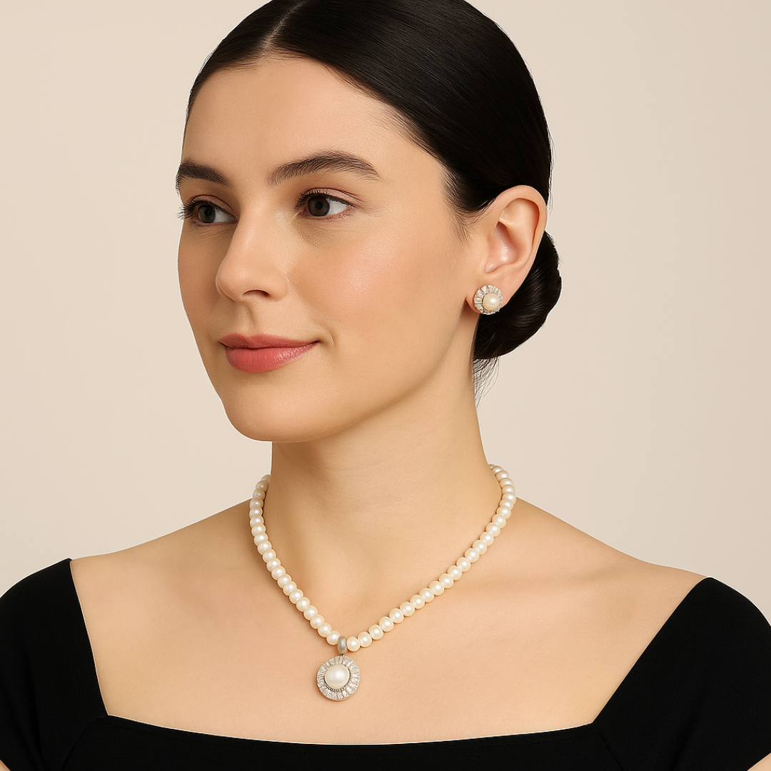 Shimmering Moon Pearl Necklace and Earring Set