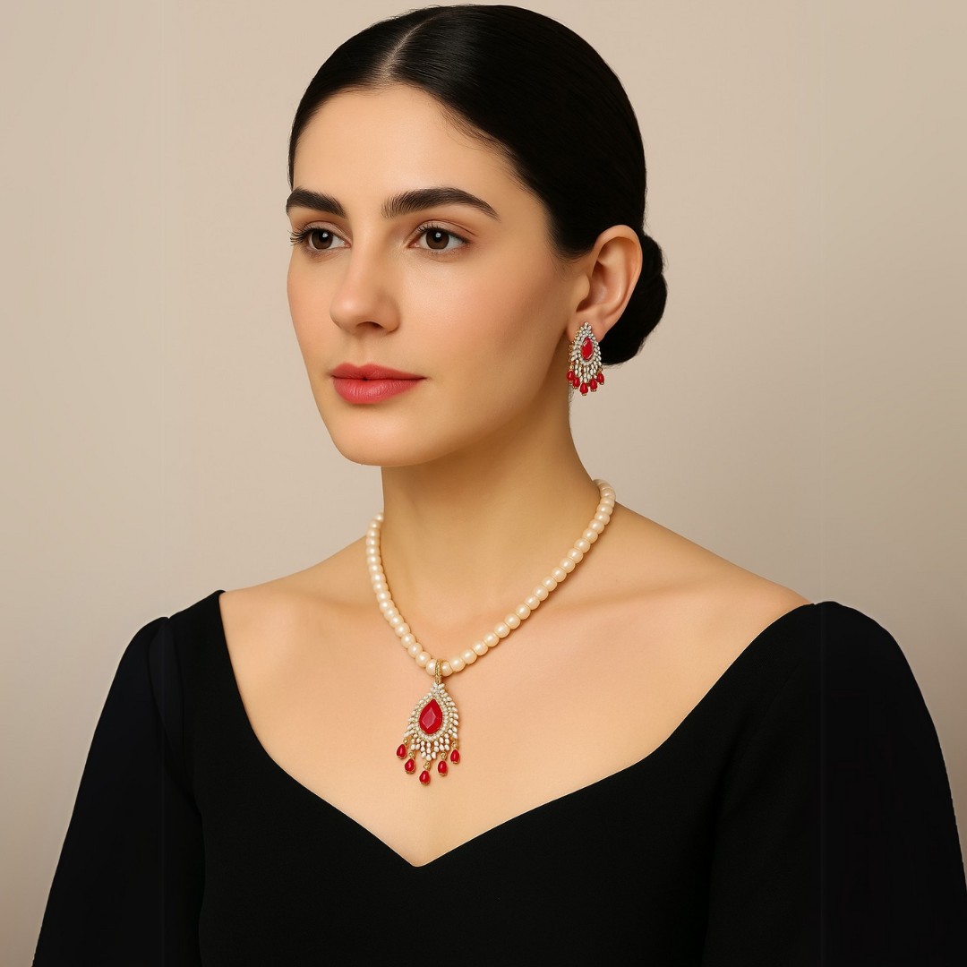 Red Crescent Sparkle Drop Pearl Jewelry Set