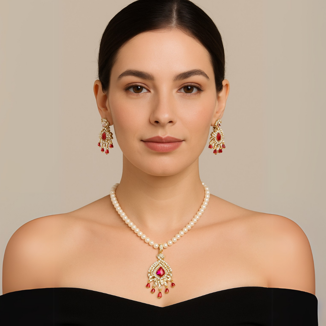 Red Crescent Sparkle Drop Pearl Jewelry Set