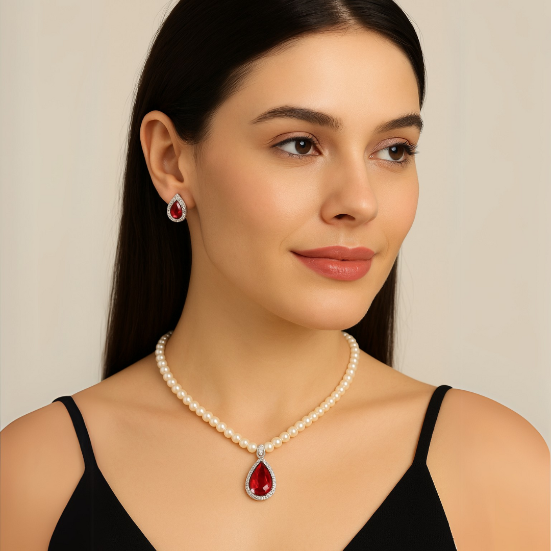 Red Pear Shaped Pearl Jewelry Set