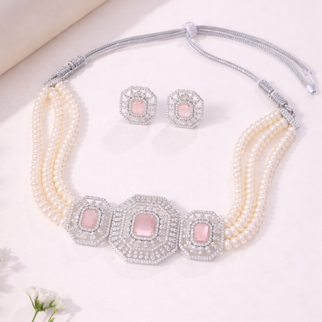 Blush Pink Stone Pearl Choker Set
