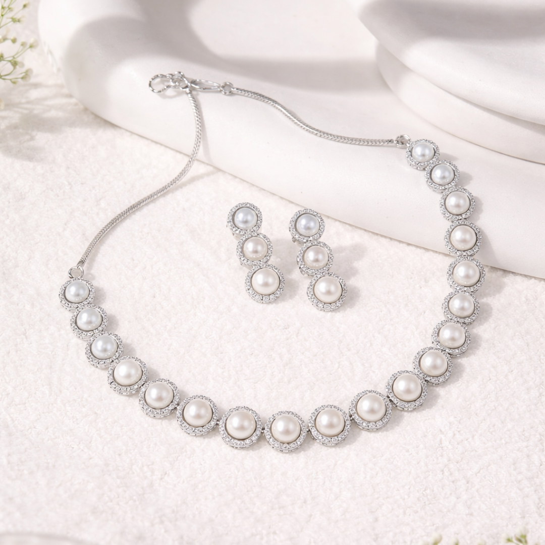 Blushing Flora White Halo Pearl Necklace Set