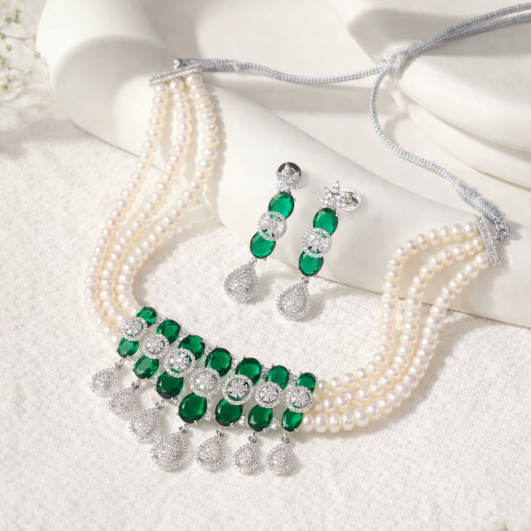 Emerald Silver Accents Pearl Necklace Set