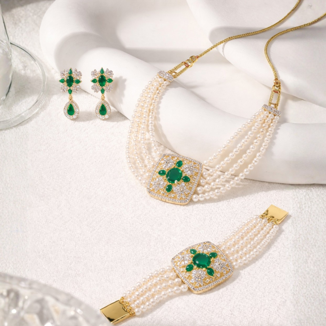 Emerald Bloom Pearl Choker Set