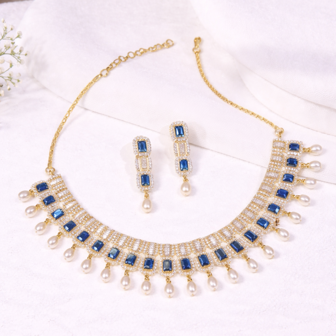 Regal Sapphire Pearl Drops Necklace Set
